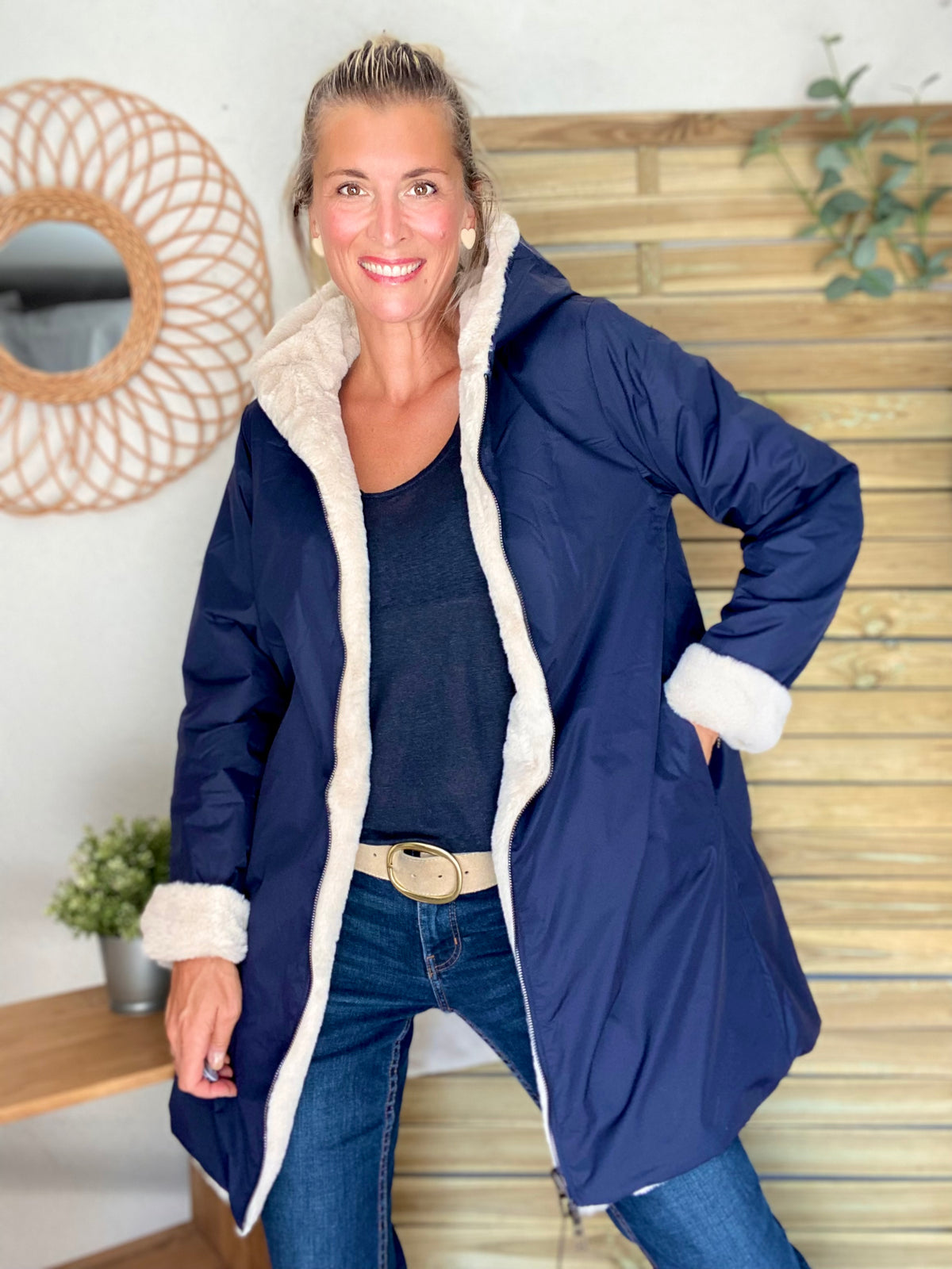 LAURA JO - Parka Imperméable réversible fourrée Bleu marine / Beige ALIX Long