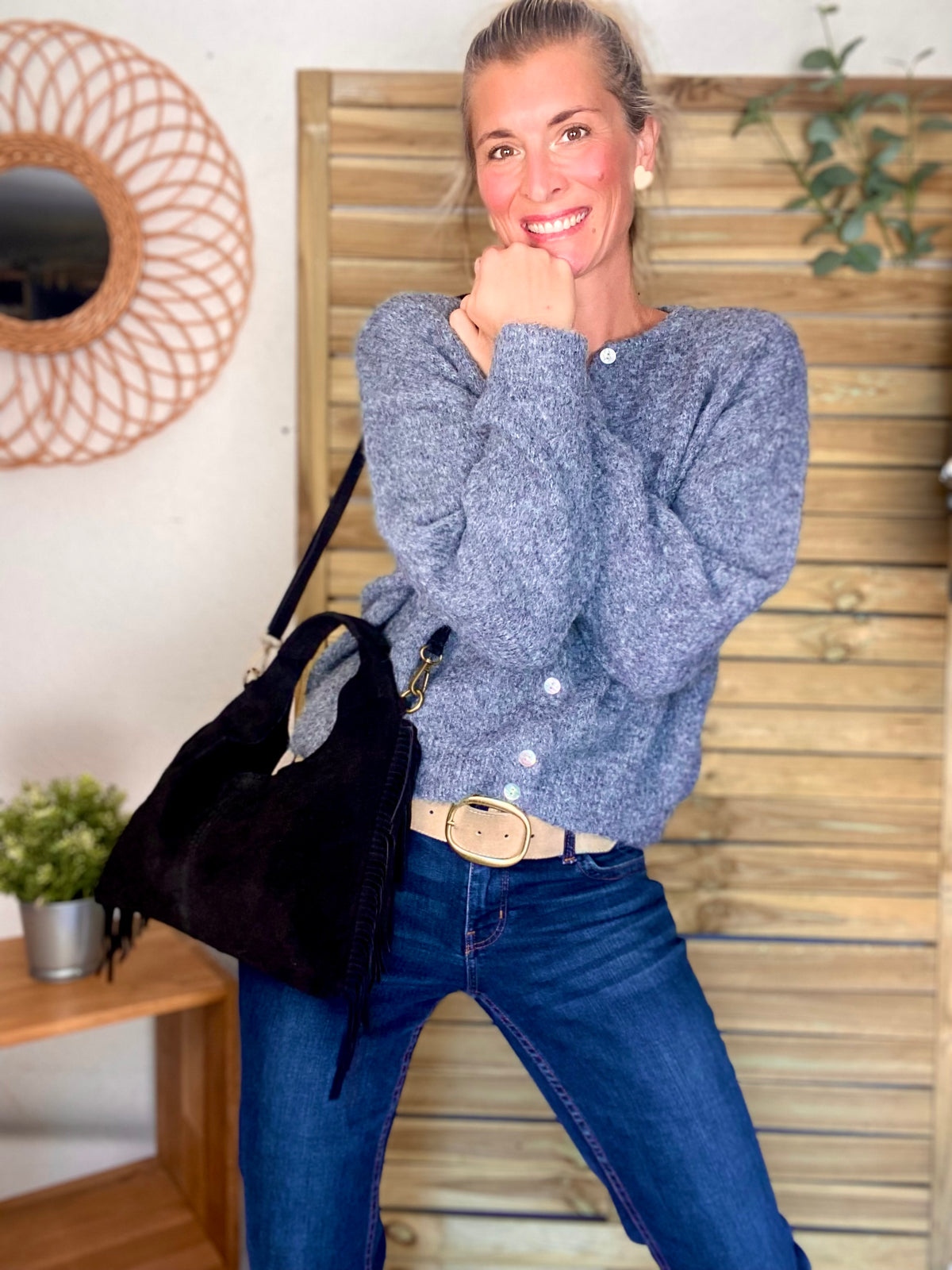 Sac hobo en cuir daim avec franges AARON - Noir - DÉSTOCKAGE