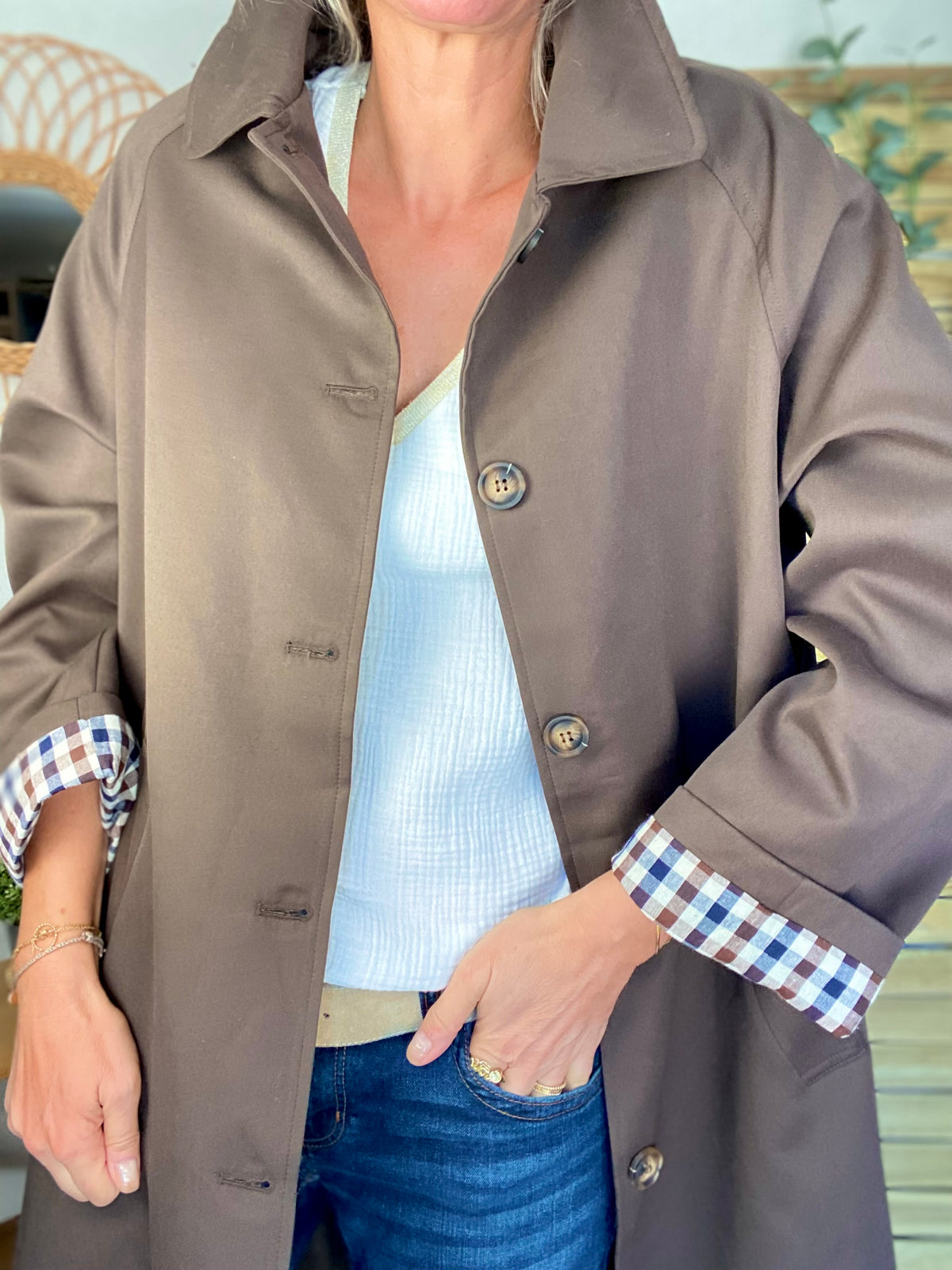 Veste Trench en coton, revers carreaux - YSEULT long Chocolat