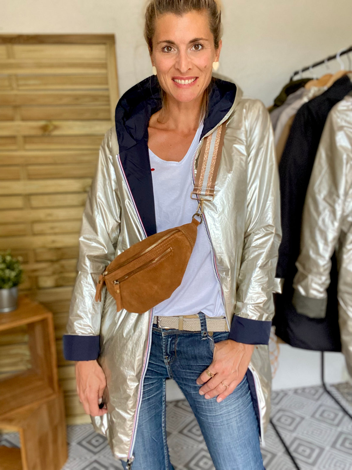Sac banane double poche en cuir daim - OPALINE - Camel