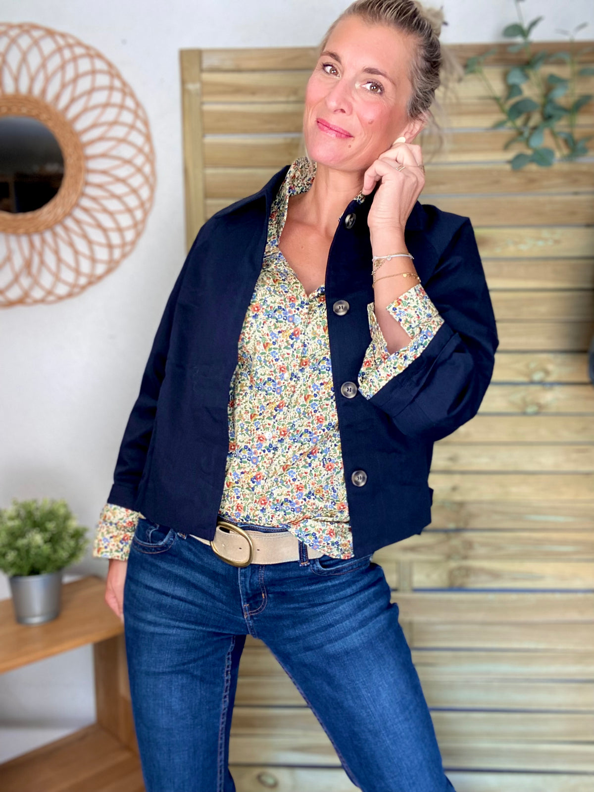 Veste Trench en coton bleu marine avec Liberty - MAHAUT- LILI et LALA