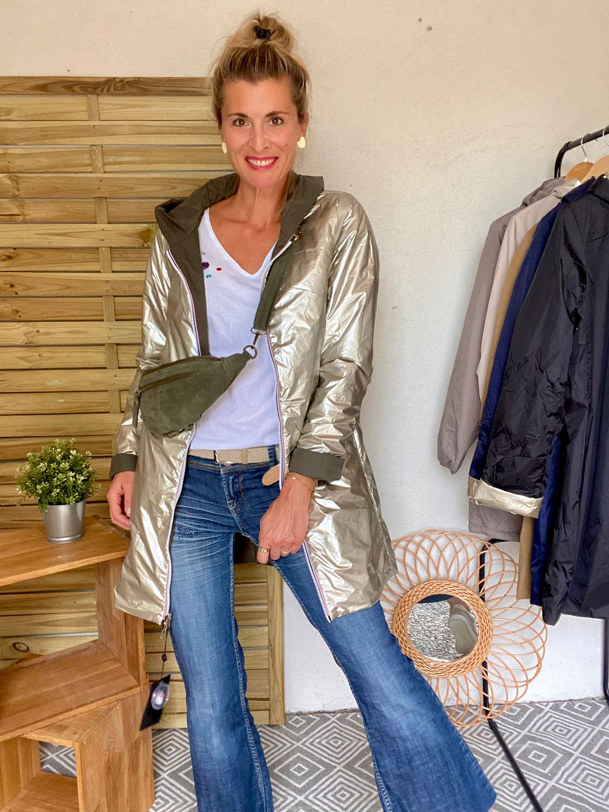 LAURA JO - Imperméable réversible rembourré LOUISON LONG - Kaki/Doré