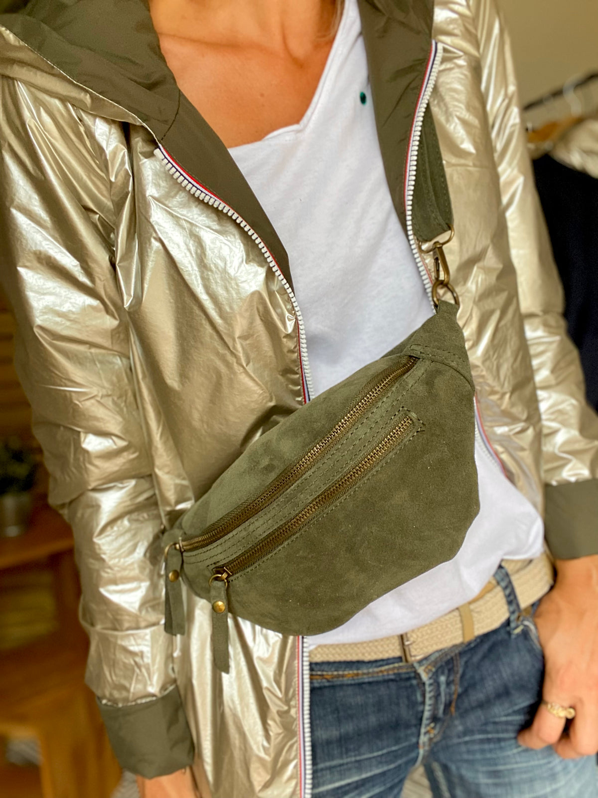 Sac banane double poche en cuir daim - OPALINE - Kaki foncé