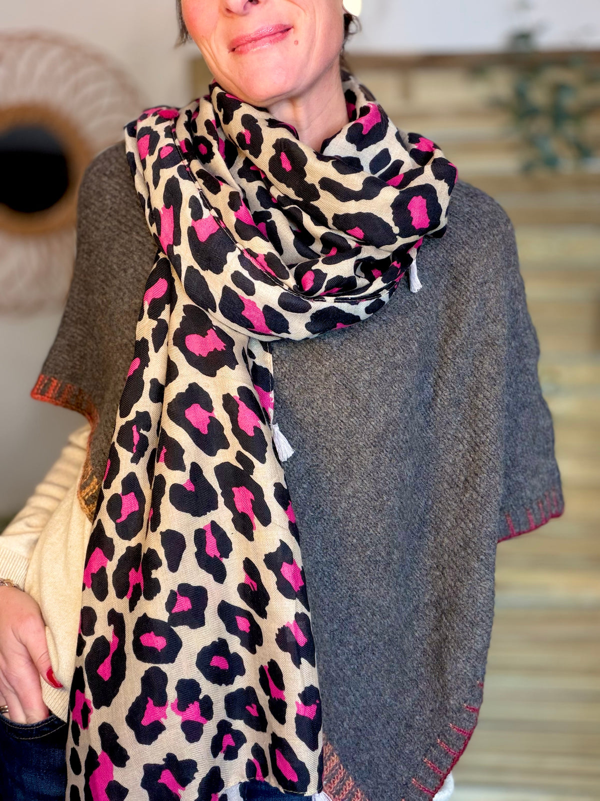 Foulard Léo CLEM - Beige / Fuschia 🐆