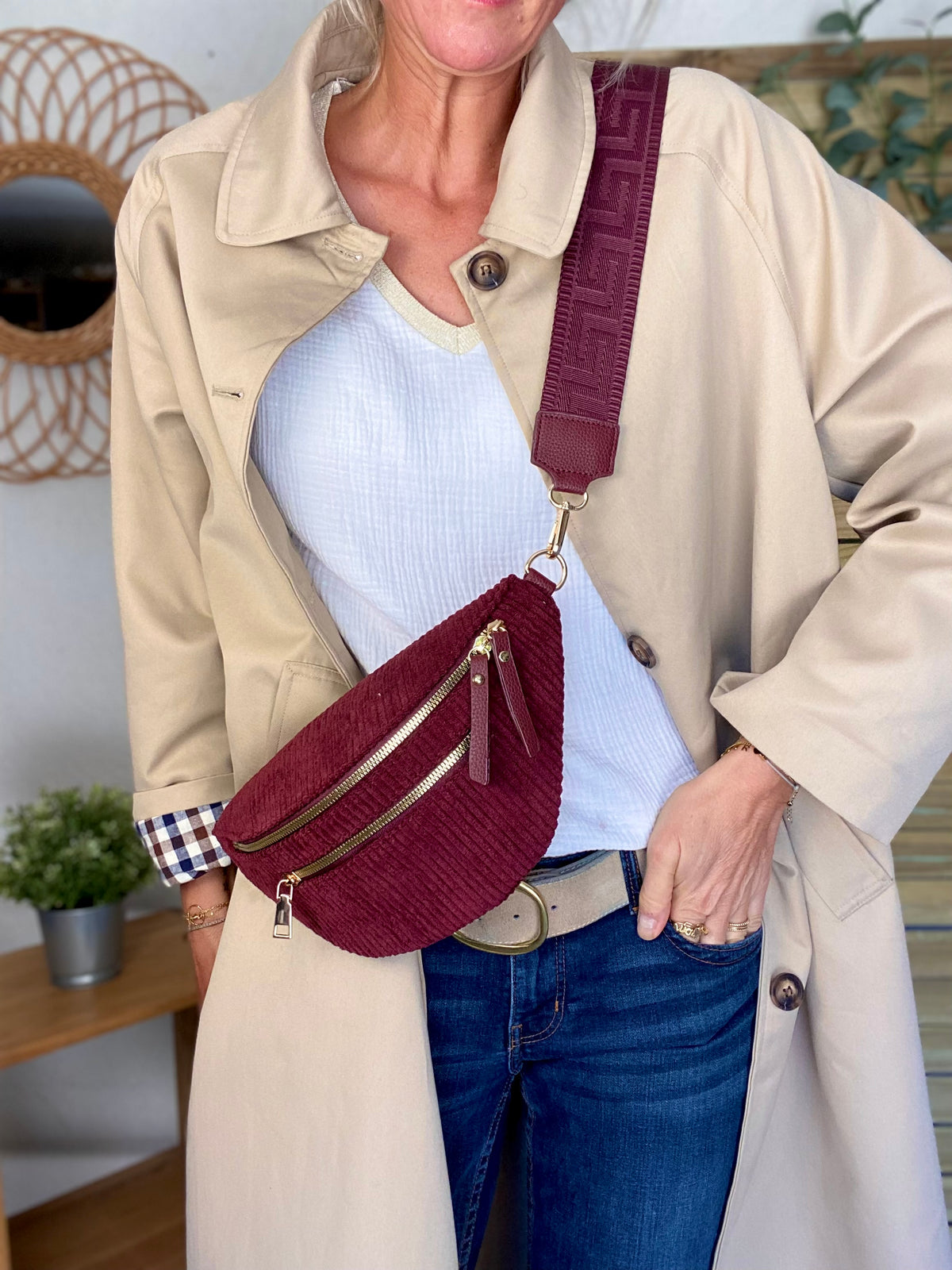 Veste Trench en coton, revers carreaux - YSEULT long Beige