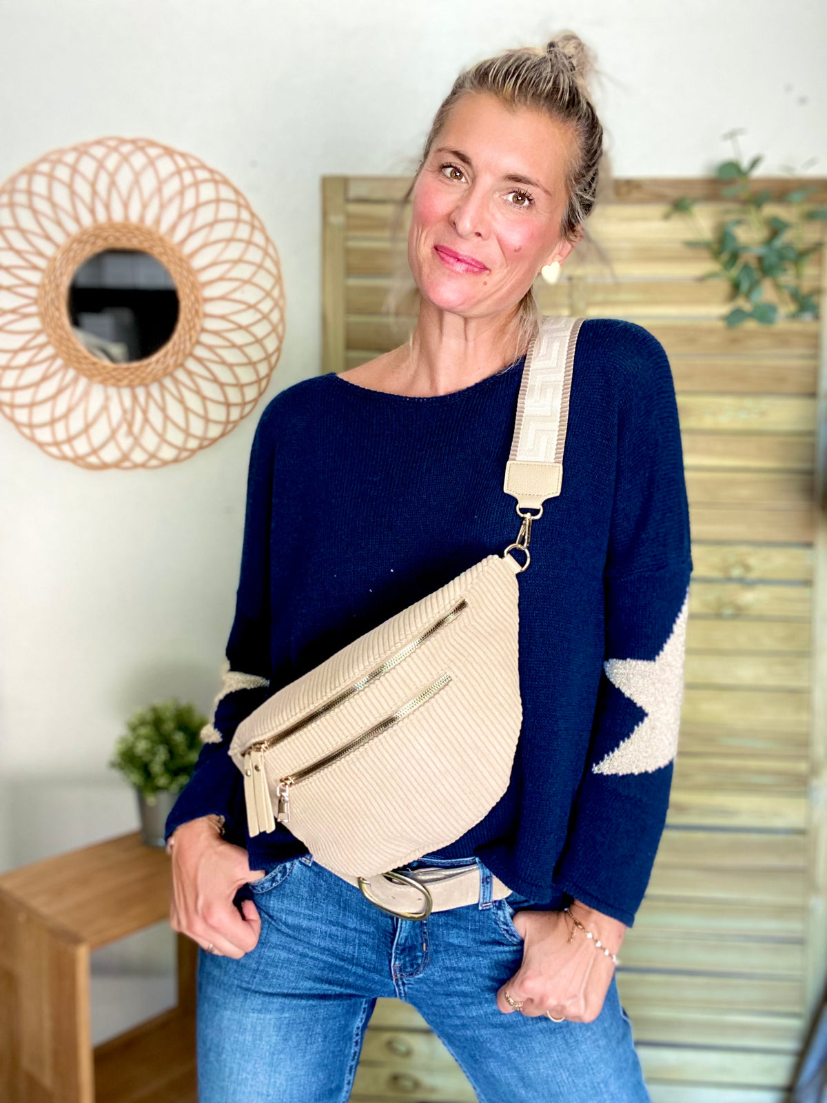 Sac banane XL en velours côtelé 2 zips et sangle fantaisie - WENDY - Beige