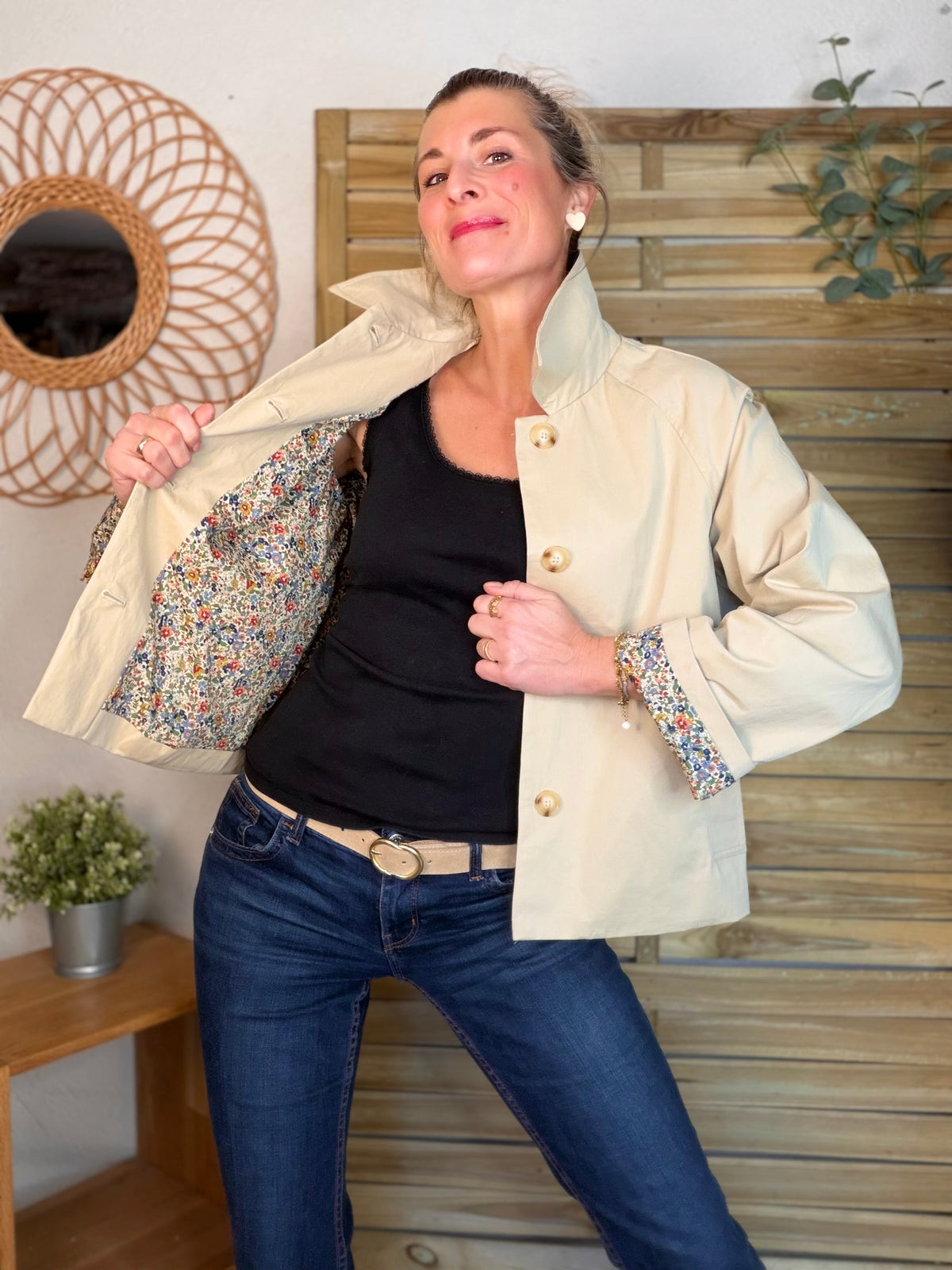 Veste Trench en coton beige avec Liberty - MARION (Taille 2 ans à la Taille XL)