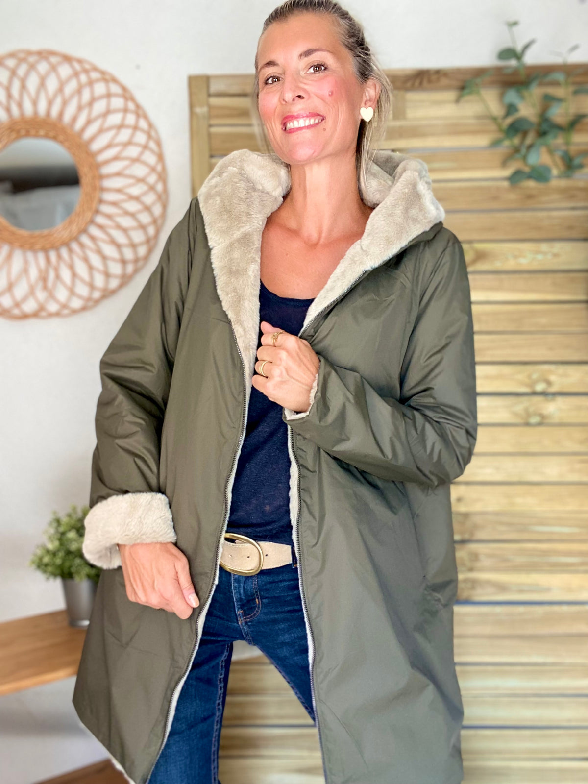 LAURA JO - Parka Imperméable réversible fourrée Kaki / Beige ALIX Long