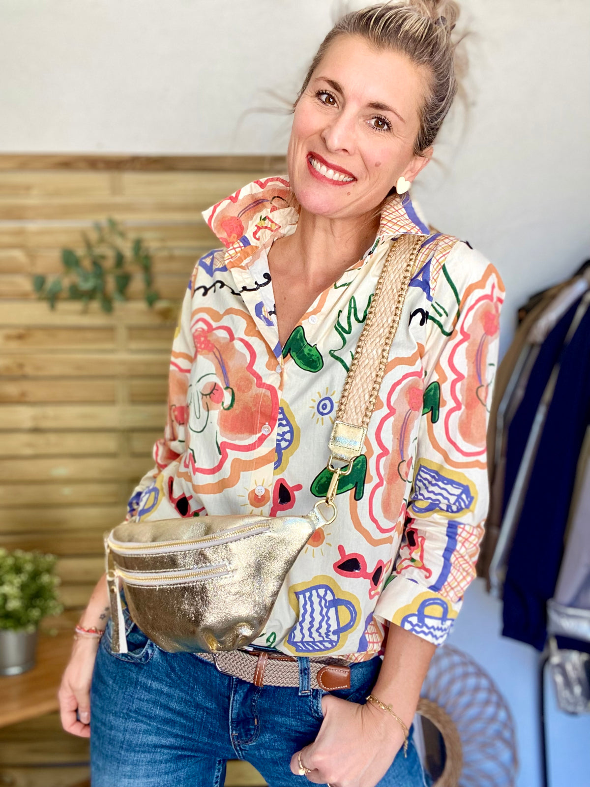 Sac banane en cuir irisé double poche - OPALE - Doré / argent