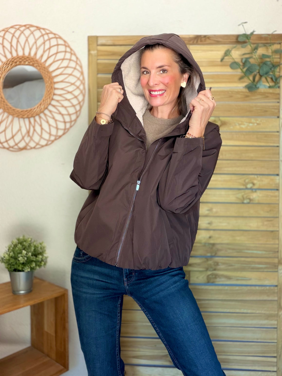 LAURA JO - Imperméable fourré sherpa EVA court - Chocolat