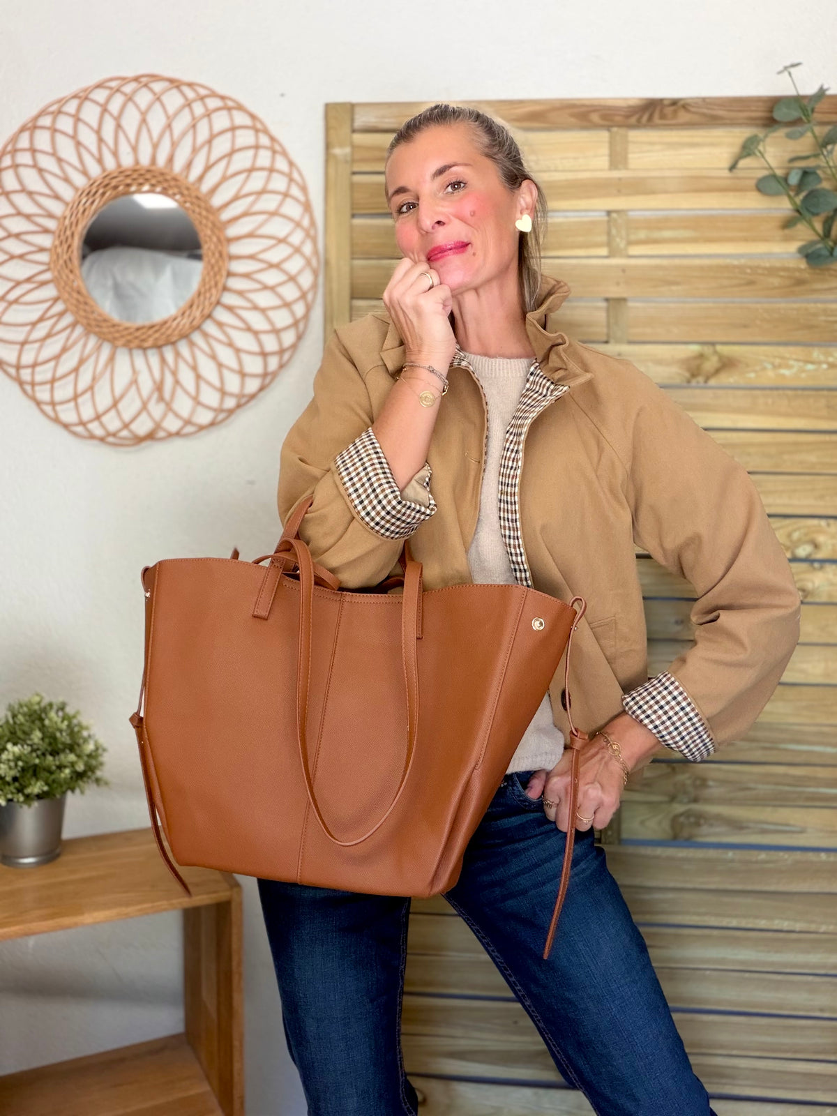 Grand Sac cabas 2 en 1 en simili cuir grainé - PAULE Camel grainé
