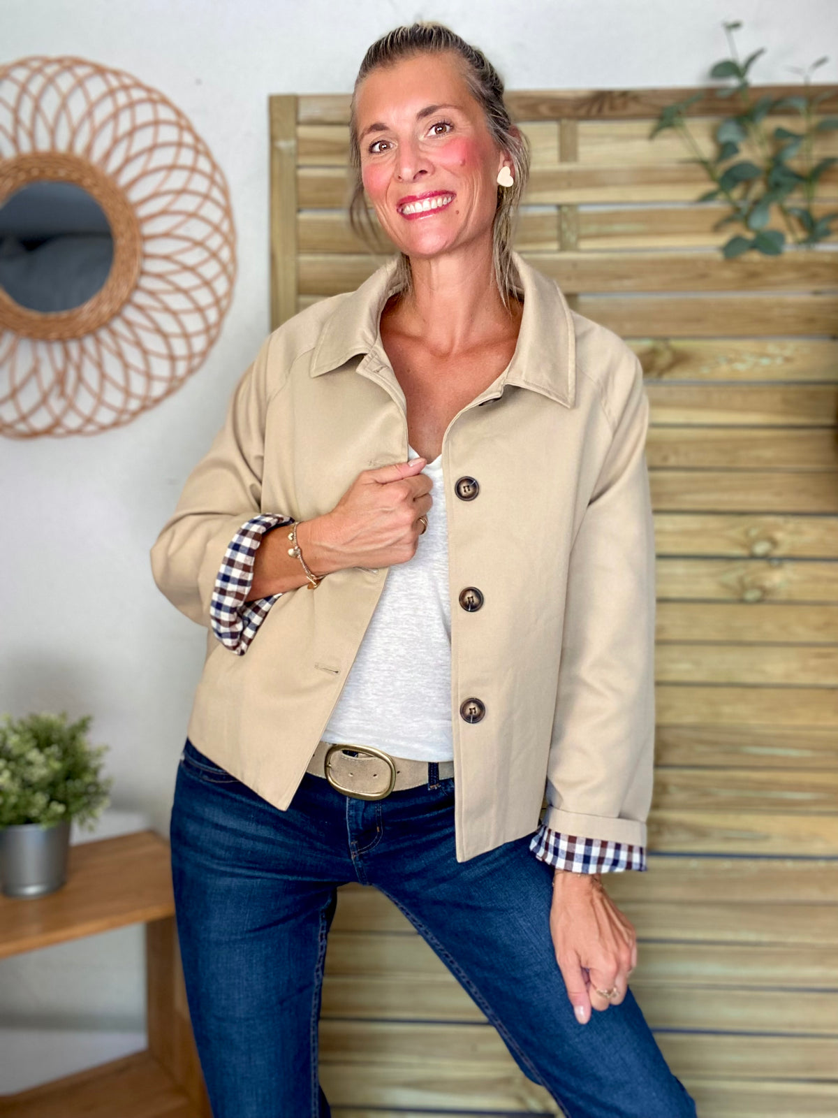 Veste Trench en coton, revers carreaux - YSEULT court Beige