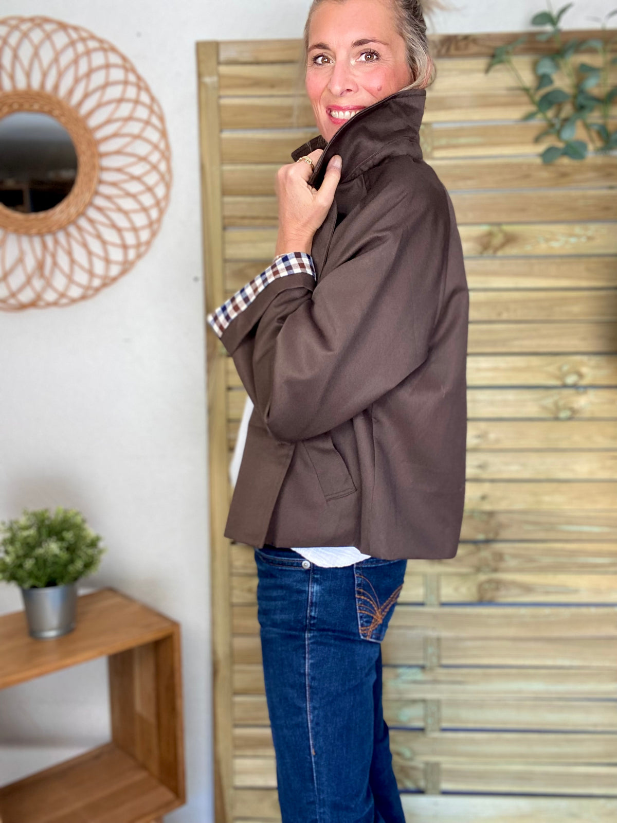 Veste Trench en coton, revers carreaux - YSEULT court Chocolat