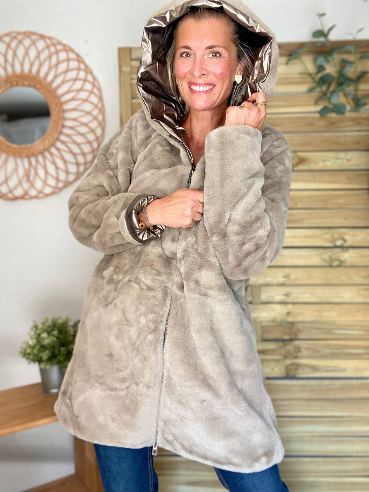LAURA JO - Parka Imperméable réversible fourrée Bronze / Beige ALIX Long