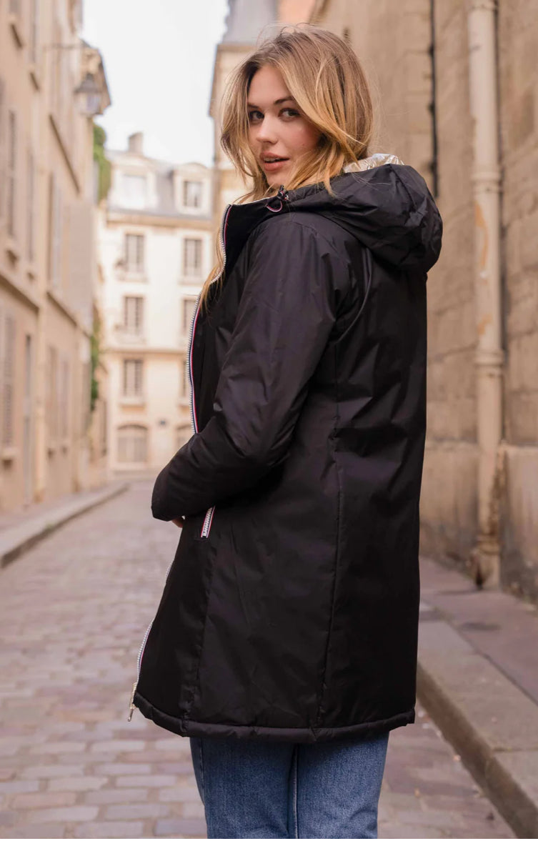 LAURA JO - Doudoune réversible imperméable longue INÈS - Noir / Doré - FIN DE SÉRIE