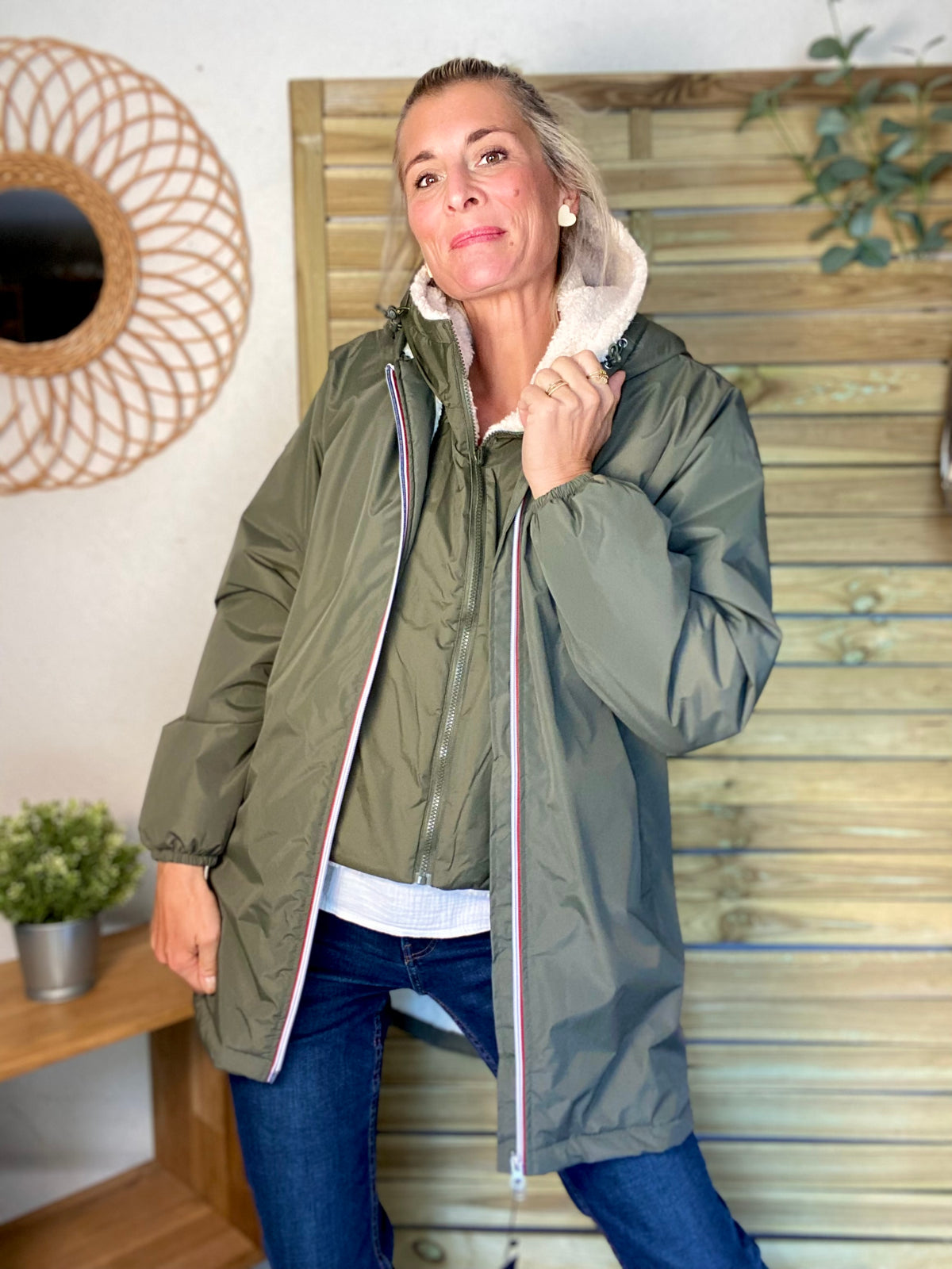 LAURA JO - Col capuche amovible réversible TONY - Kaki / Sherpa écru