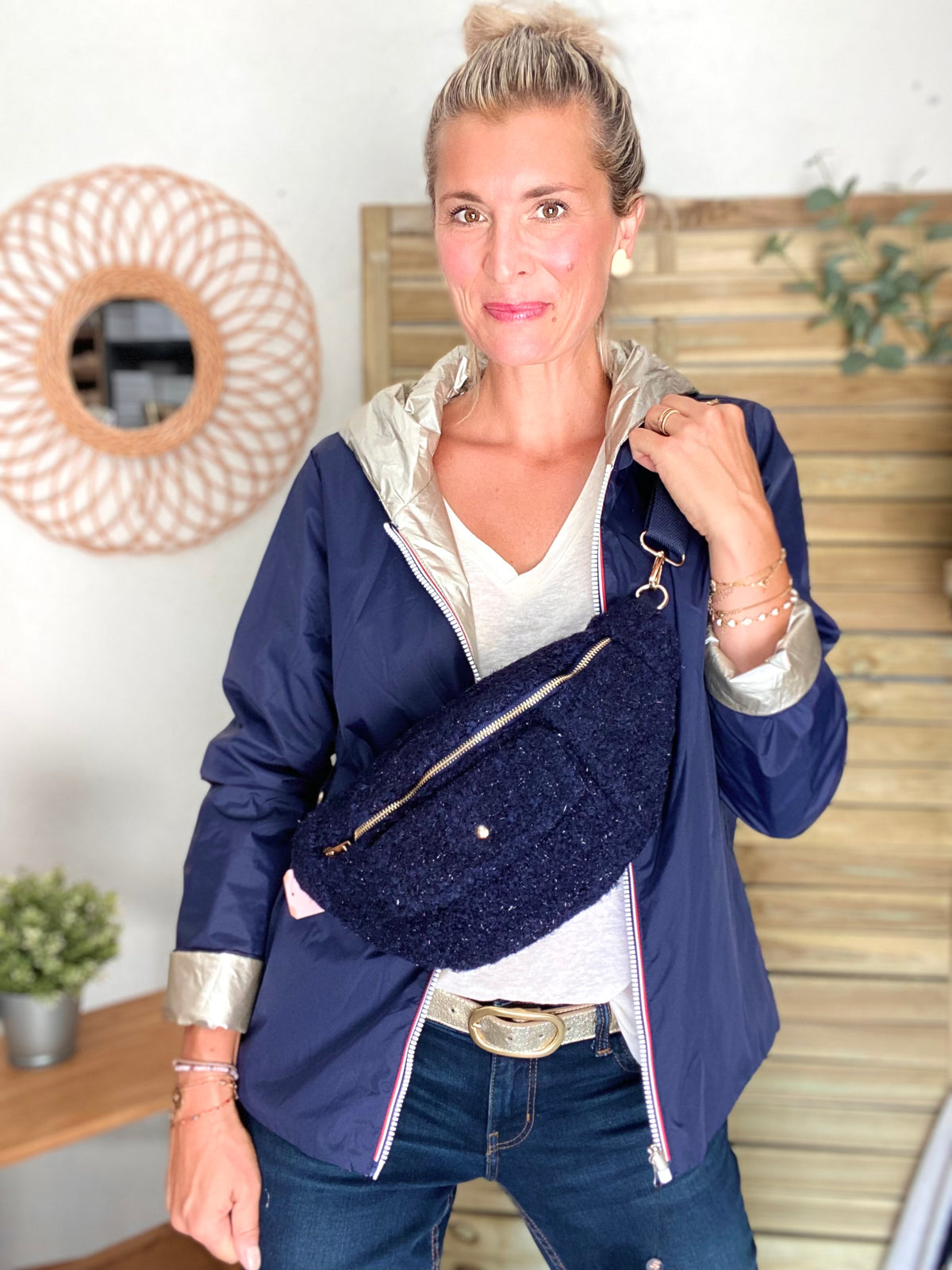 Sac banane XL moumoute lurex avec poche avant - CHELSEA - Marine - FIN DE SÉRIE
