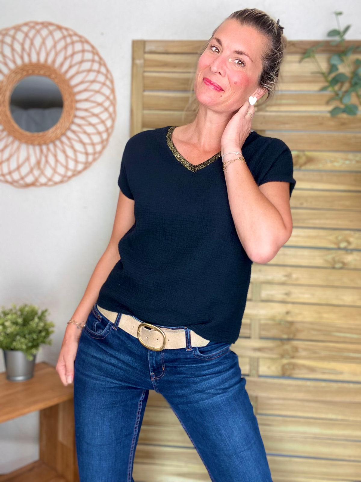 Top en gaze de coton et lurex MARTA - Noir