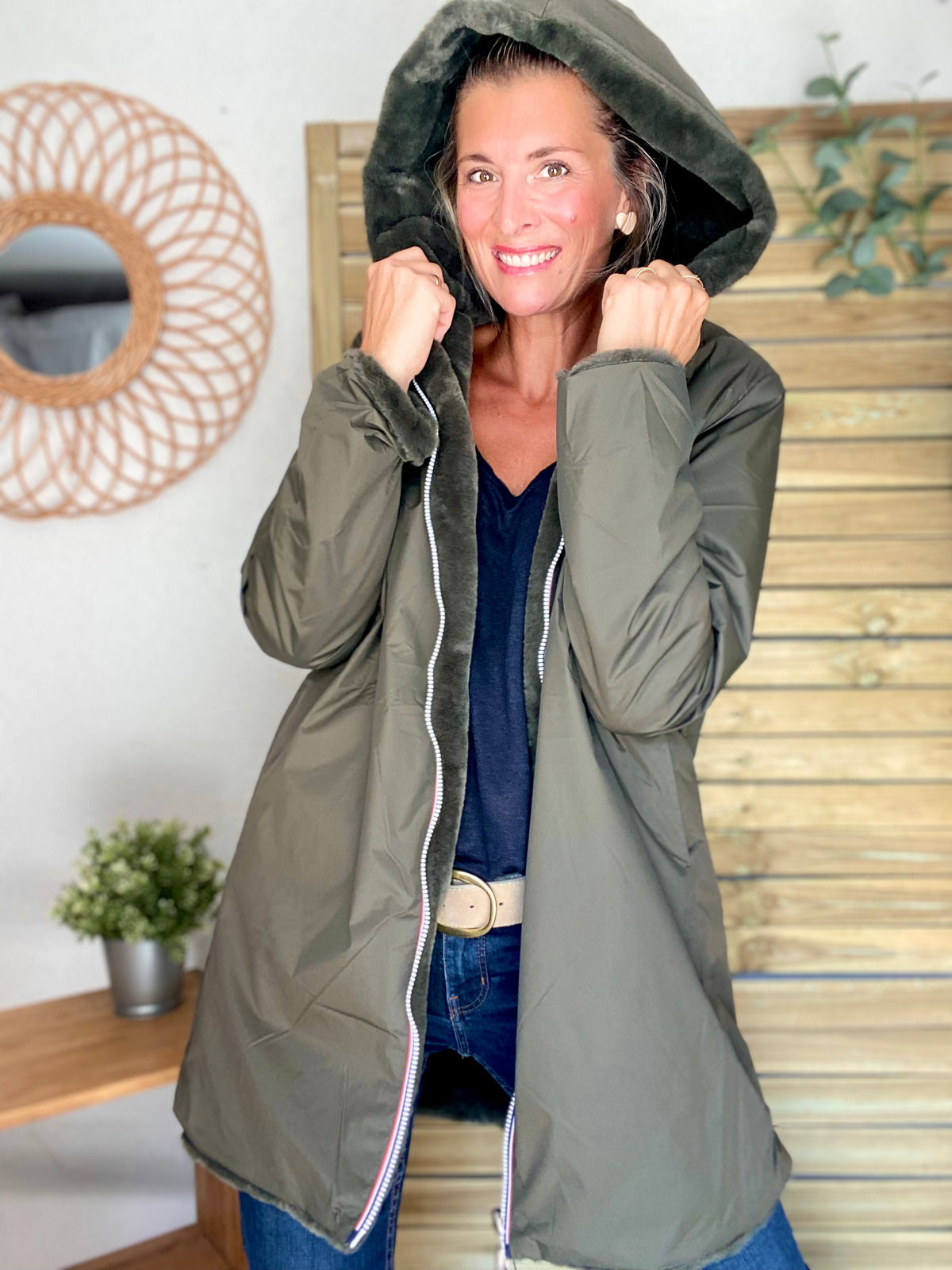 LAURA JO - Parka Imperméable réversible fourrée Kaki / Kaki ALIX Long • DÉSTOCKAGE sur Taille S