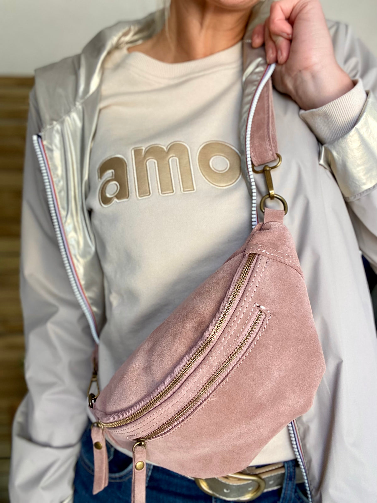 Sac banane double poche en cuir daim - OPALINE - Rose clair / Vieux rose