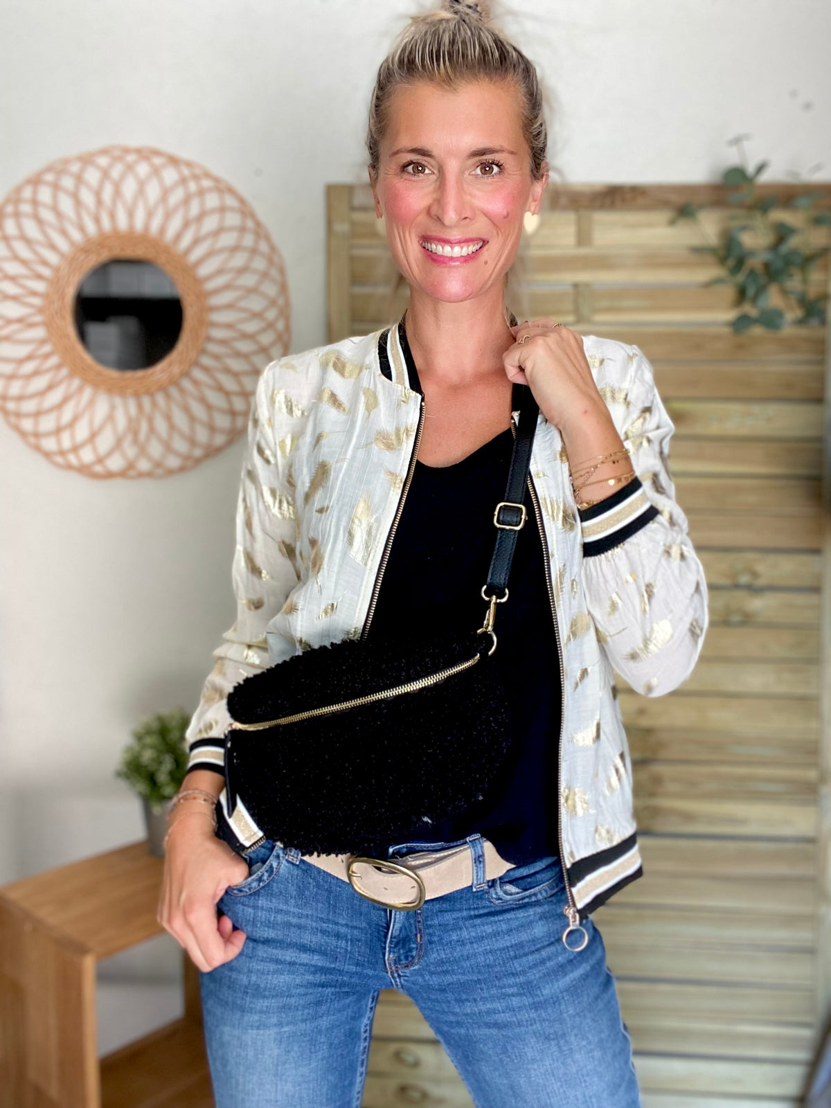 Veste bombers léger EMILY - imprimé Doré Écru (plumes) - FIN DE SÉRIE