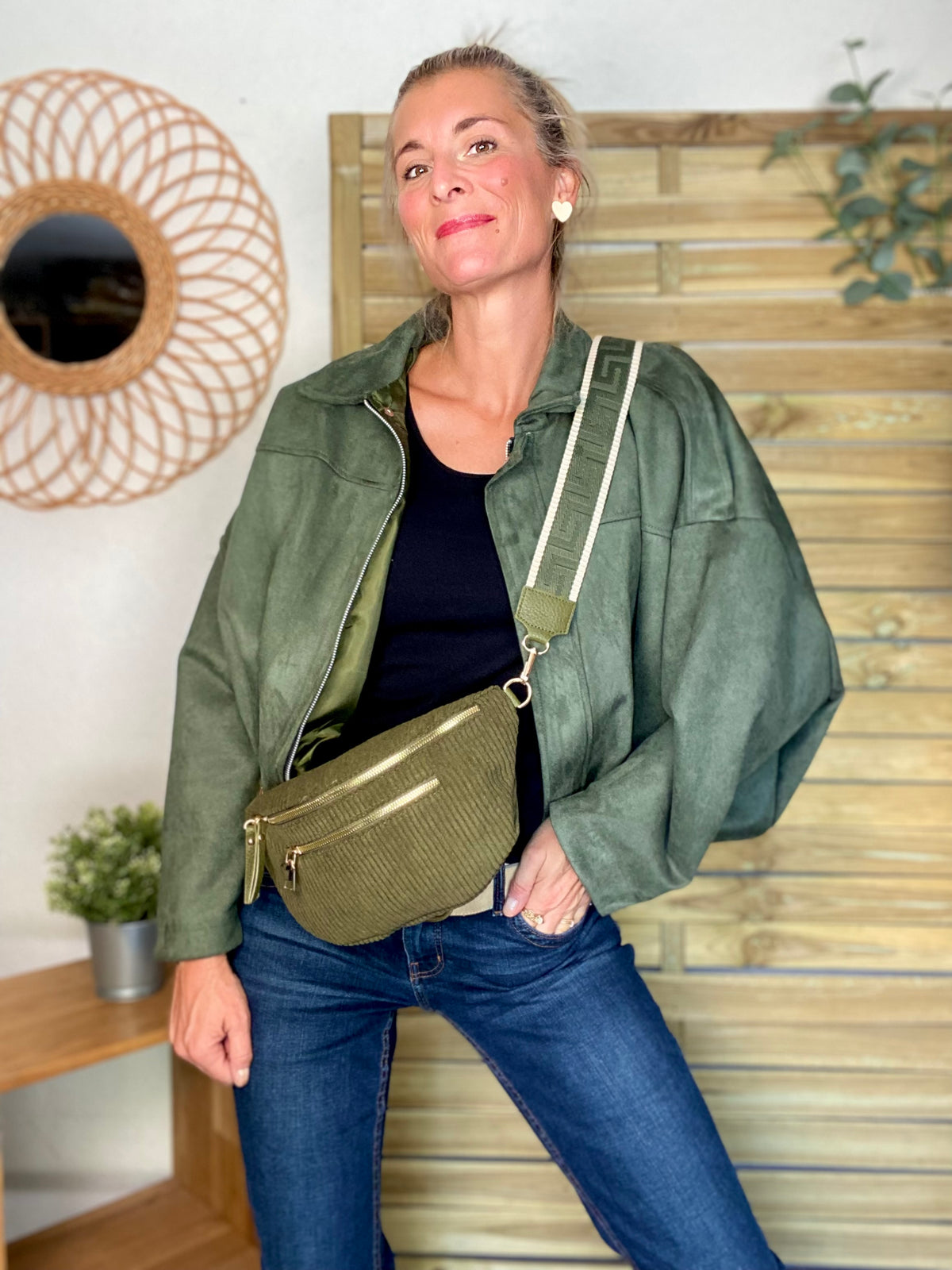 Sac banane L en velours côtelé 2 zips et sangle fantaisie - ASHLY - Kaki