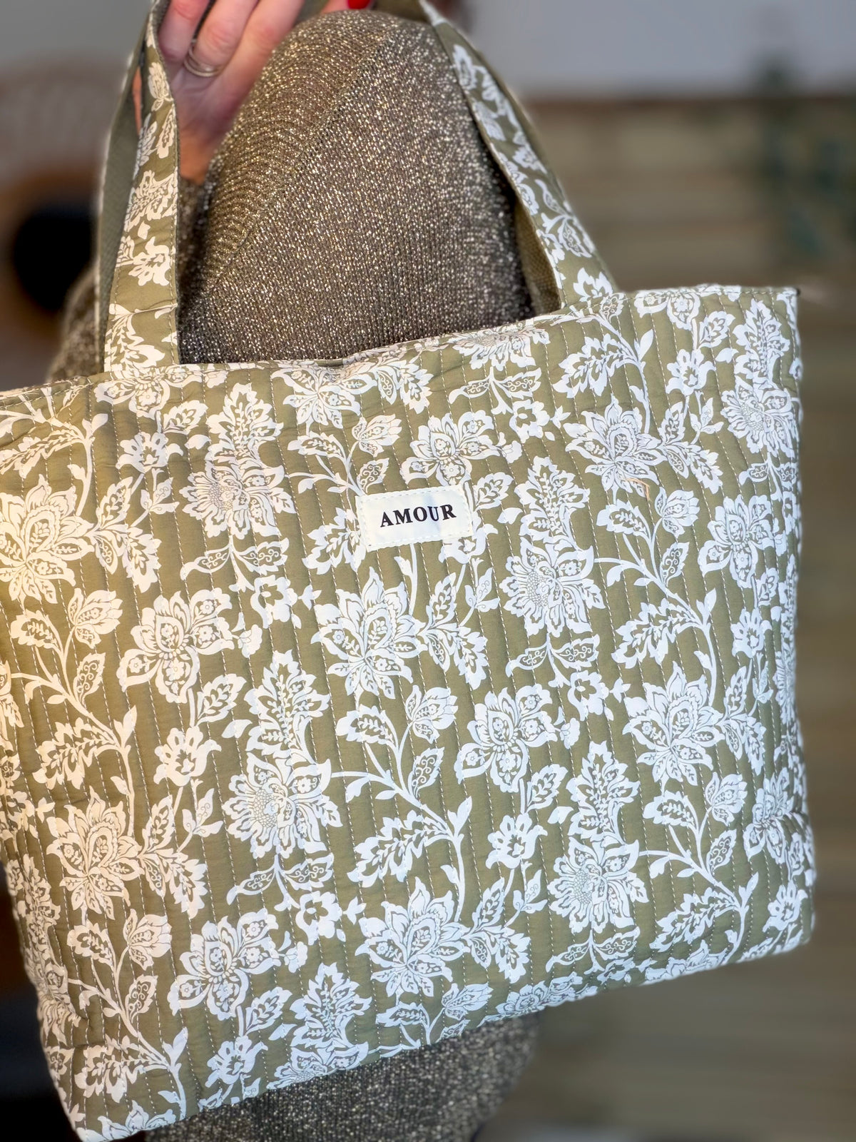 Sac cabas imprimé PIERCE - fleuri Kaki - FIN DE SÉRIE
