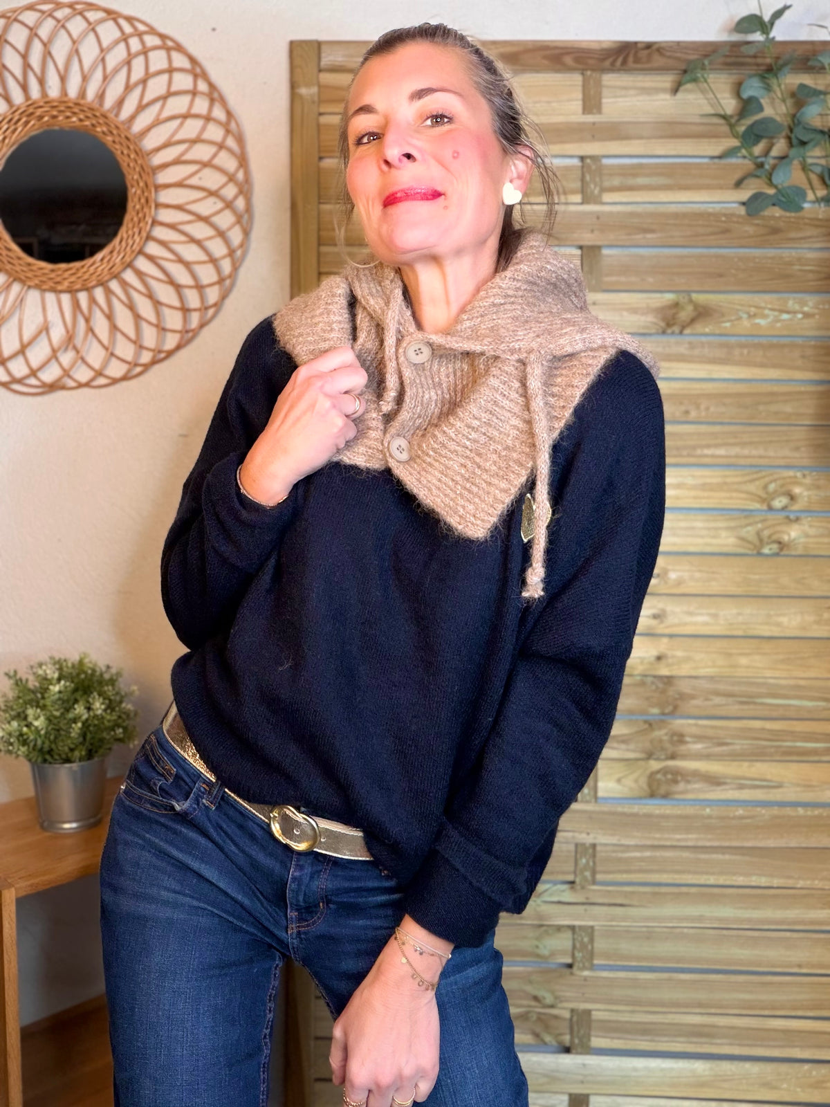 Col cagoule LORIE en maille avec boutons - Taupe