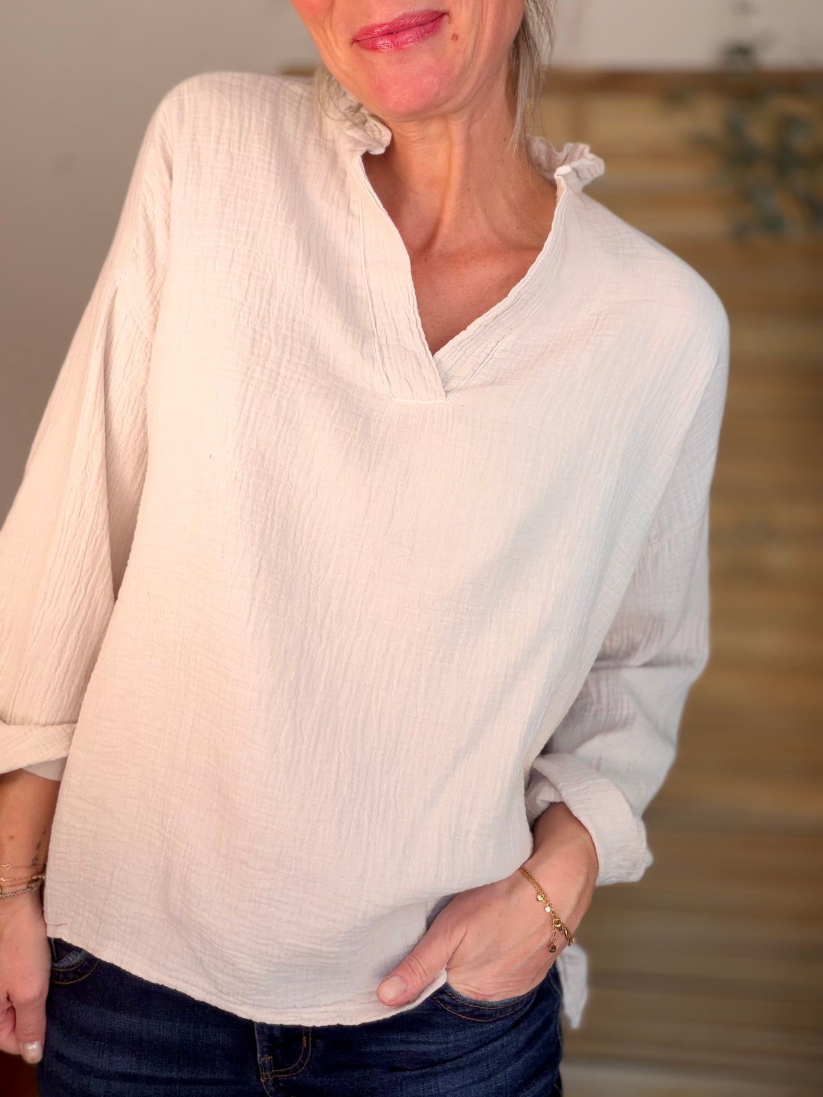 Blouse en gaze de coton SIERRA Beige • FIN DE SÉRIE