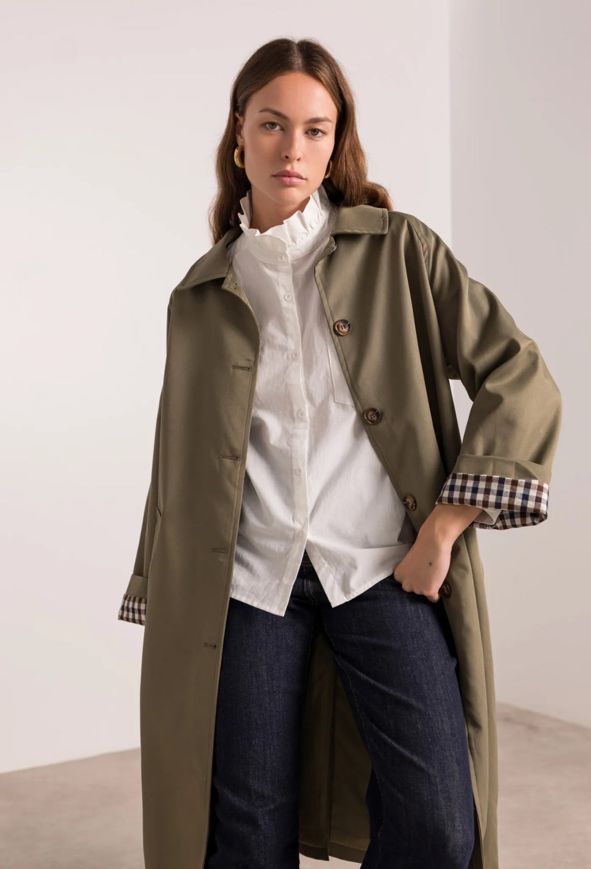 Veste Trench en coton, revers carreaux - YSEULT long Kaki