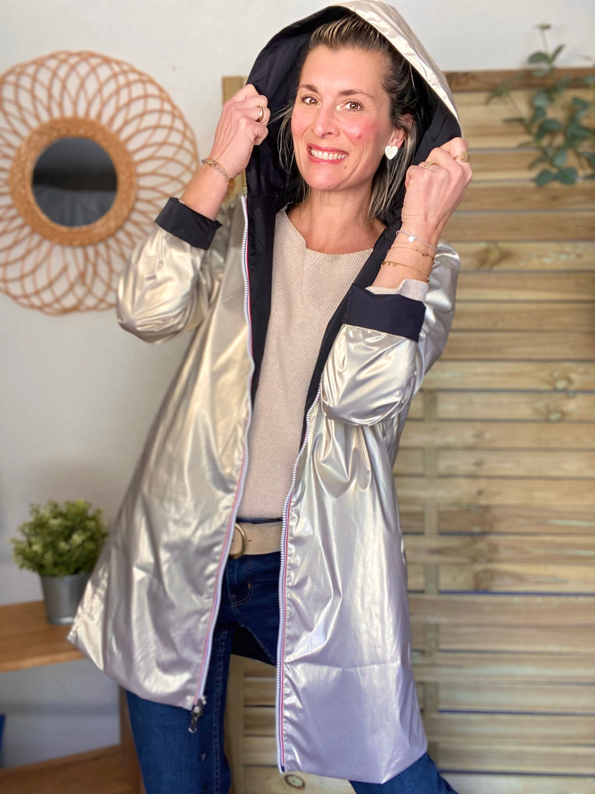 LAURA JO - Imperméable réversible léger GARANCE LONG - Noir/Doré • DESTOCKAGE sur Taille S