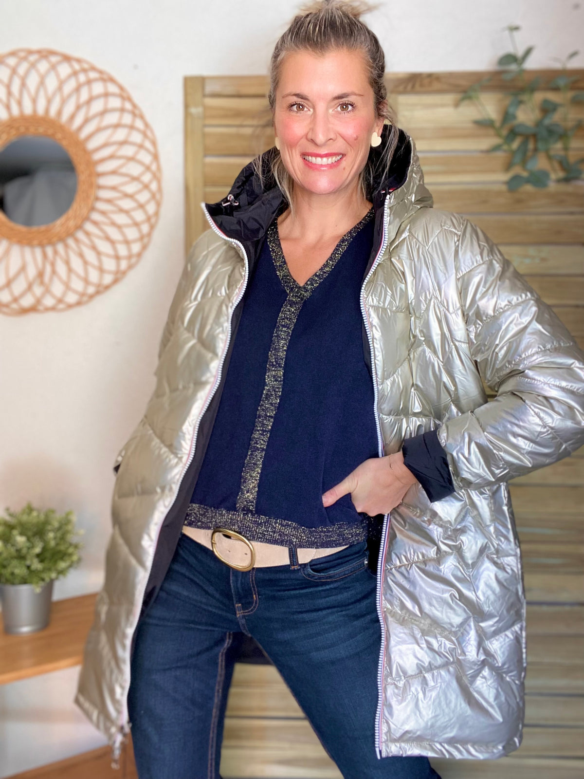 LAURA JO - Doudoune réversible imperméable longue INÈS - Noir / Doré - FIN DE SÉRIE