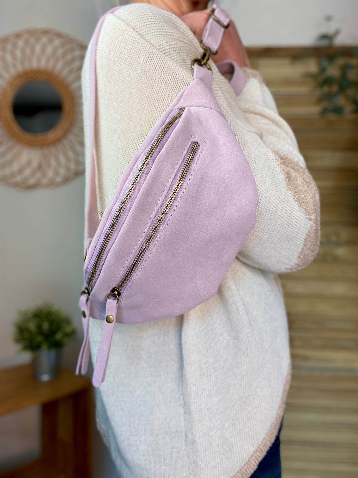 Sac banane double poche en cuir daim - OPALINE - Lilas