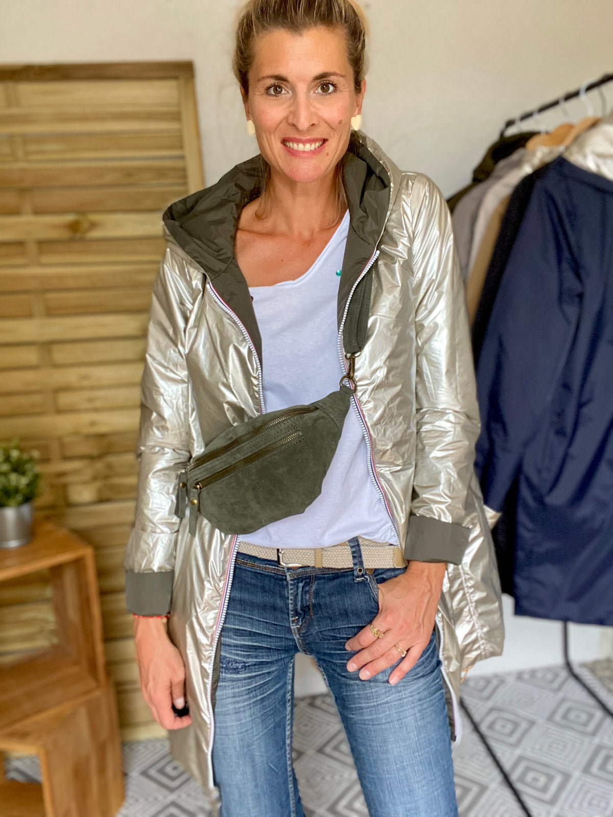 Sac banane double poche en cuir daim - OPALINE - Kaki foncé