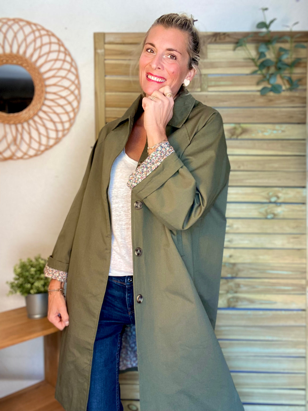 Veste Trench en coton kaki avec Liberty - MAHAUT MI LONG - LILI et LALA • DÉSTOCKAGE sur Taille S