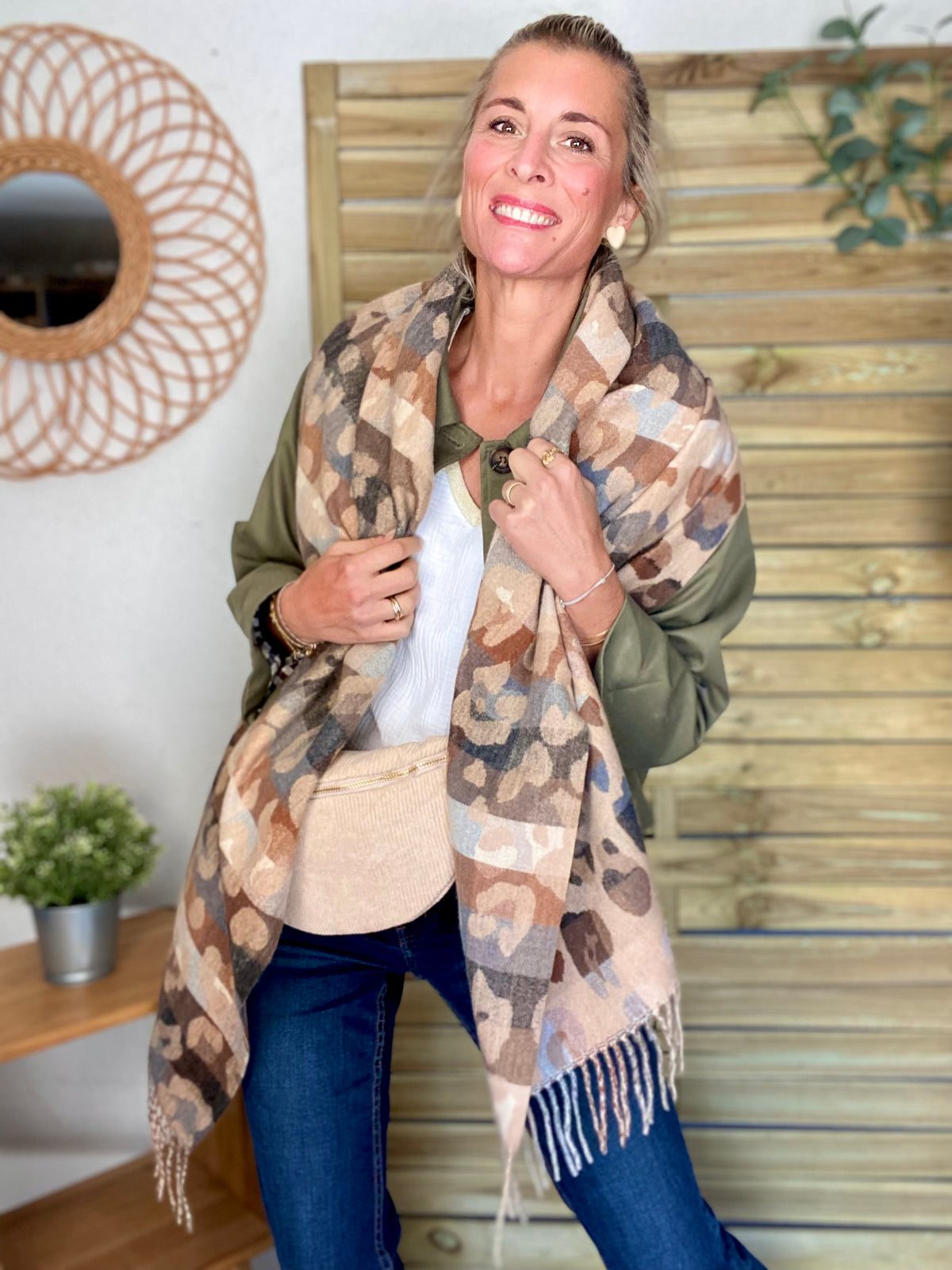 Écharpe douce AGNÈS Léo multico Camel 🐆