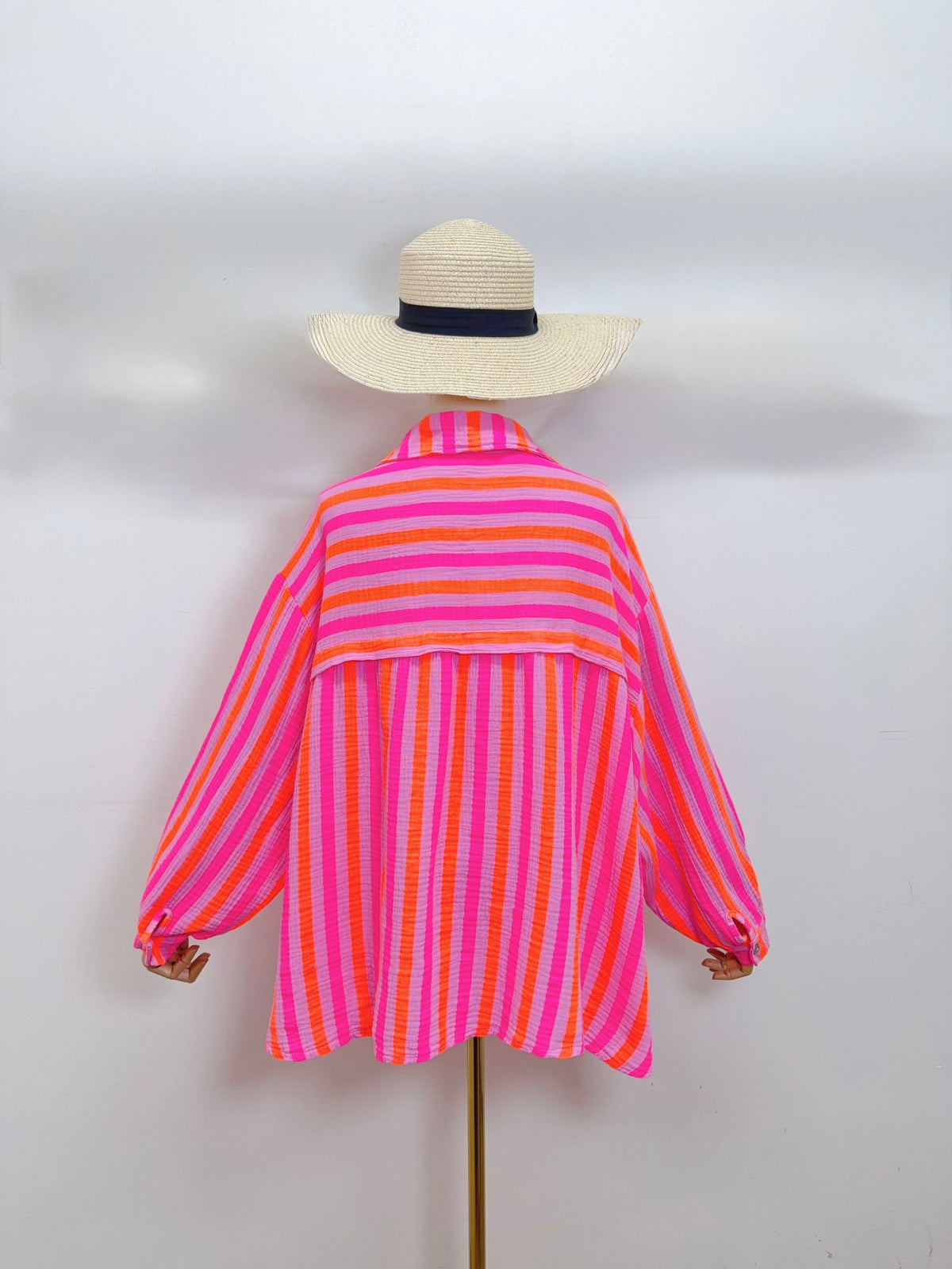 Chemise en gaze de coton rayée FÉLICIE Fluo Parme - DÉSTOCKAGE