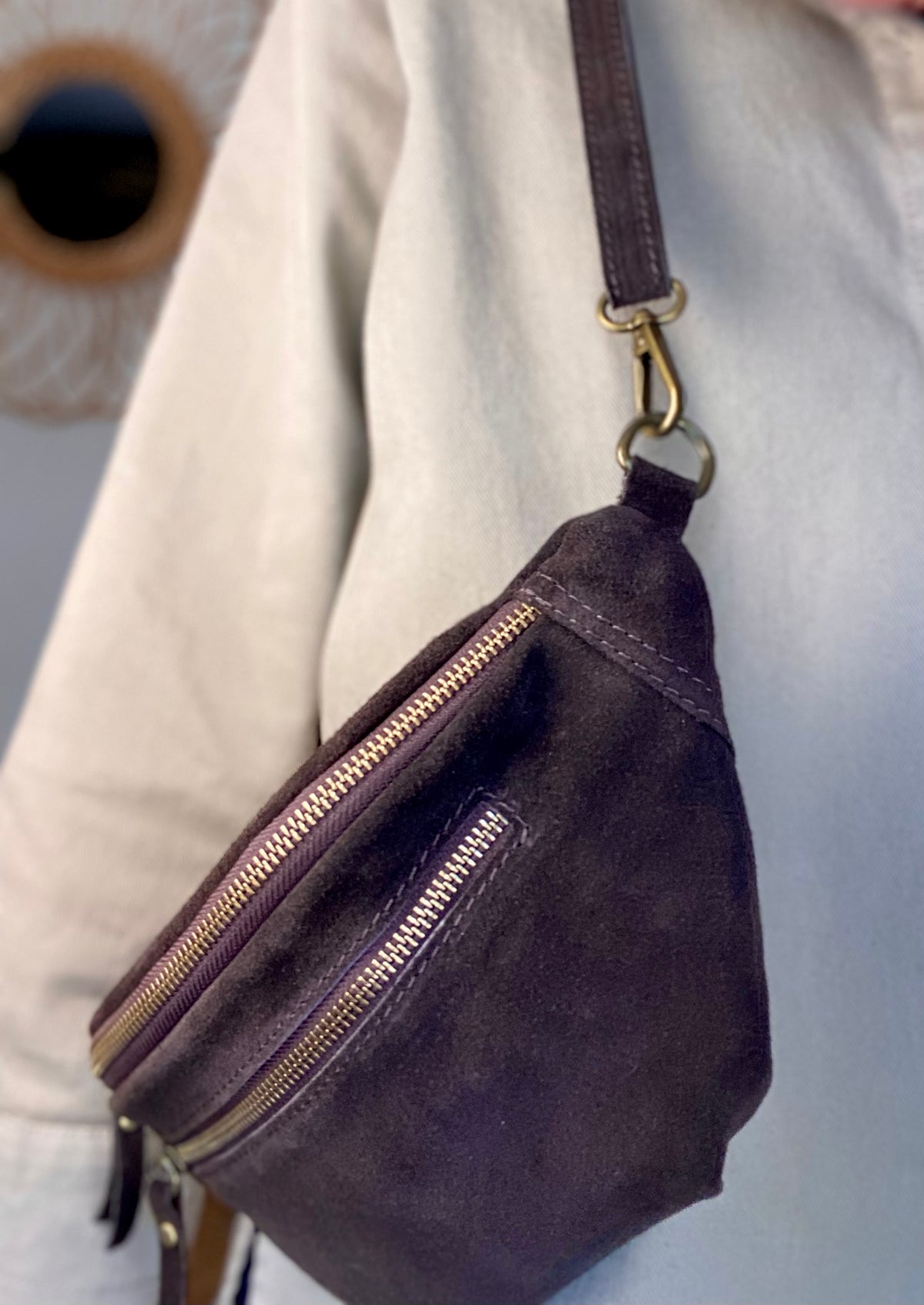 Sac banane double poche en cuir daim - OPALINE - Chocolat