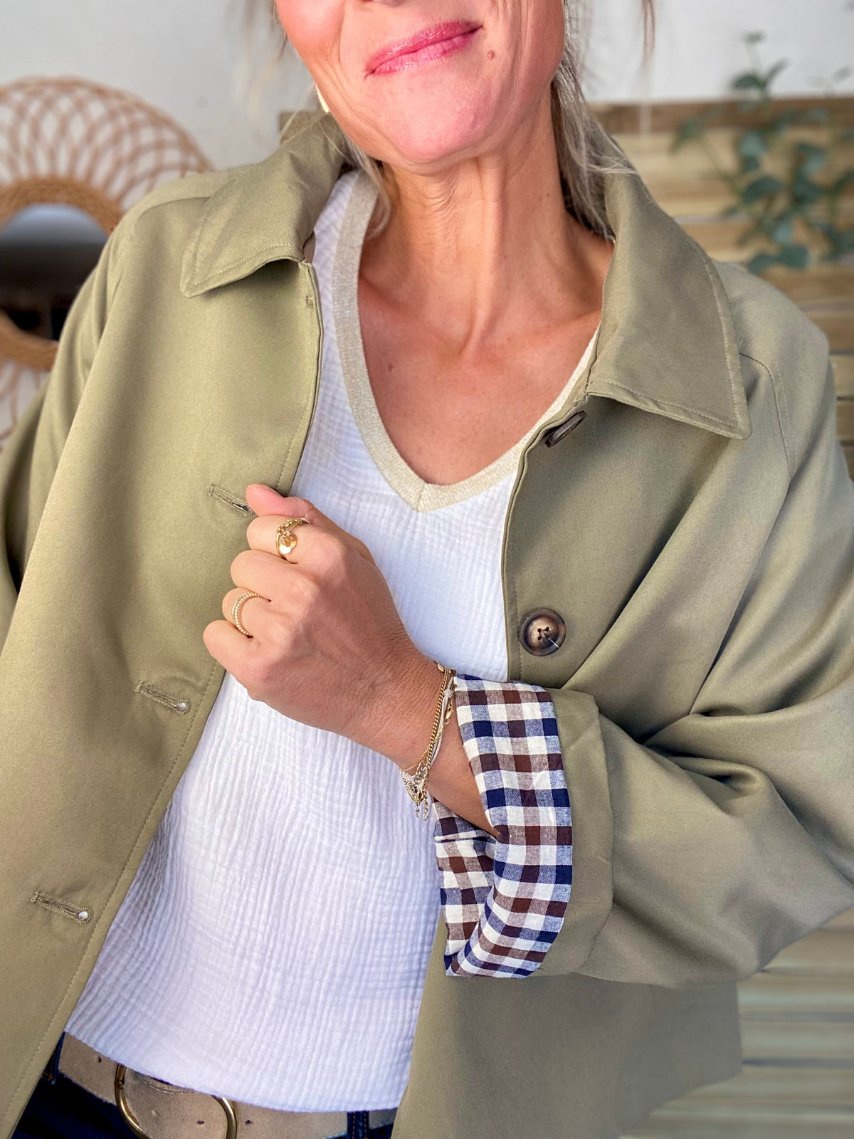Veste Trench en coton, revers carreaux - YSEULT court Kaki
