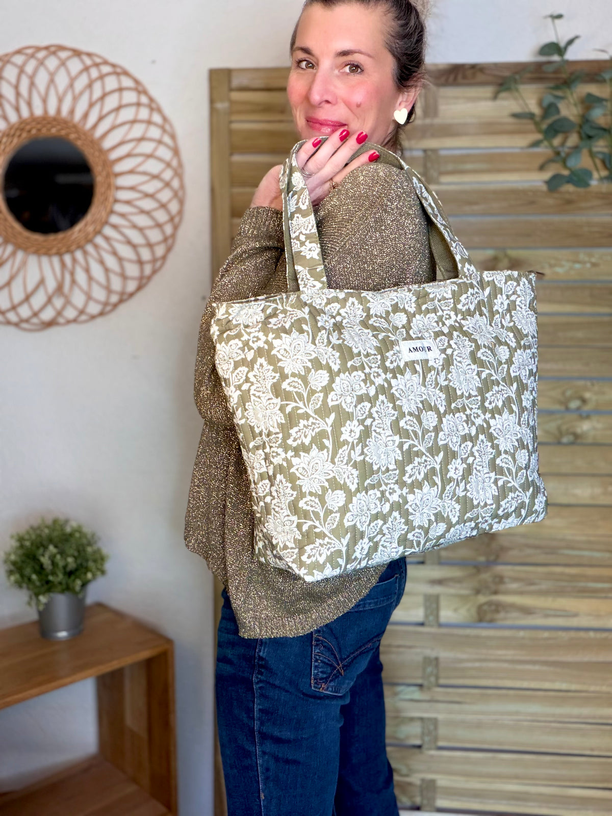 Sac cabas imprimé PIERCE - fleuri Kaki - FIN DE SÉRIE