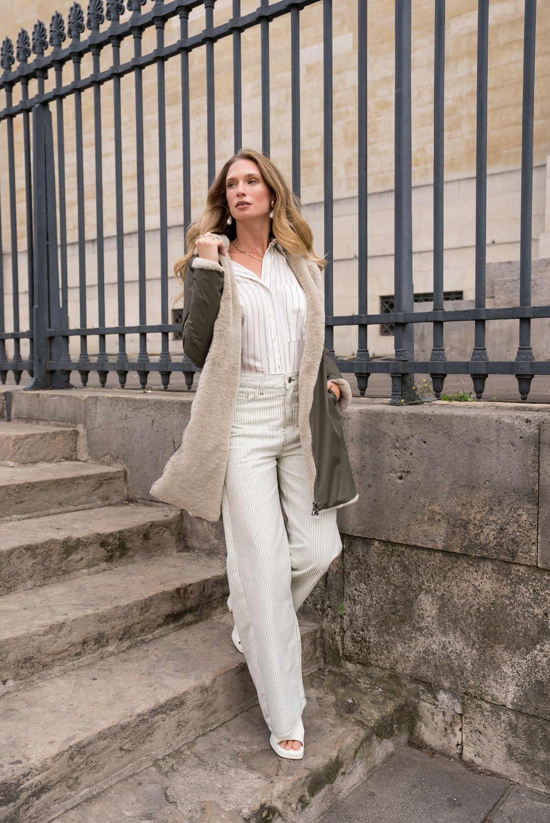 LAURA JO - Parka Imperméable réversible fourrée Kaki / Beige ALIX Long