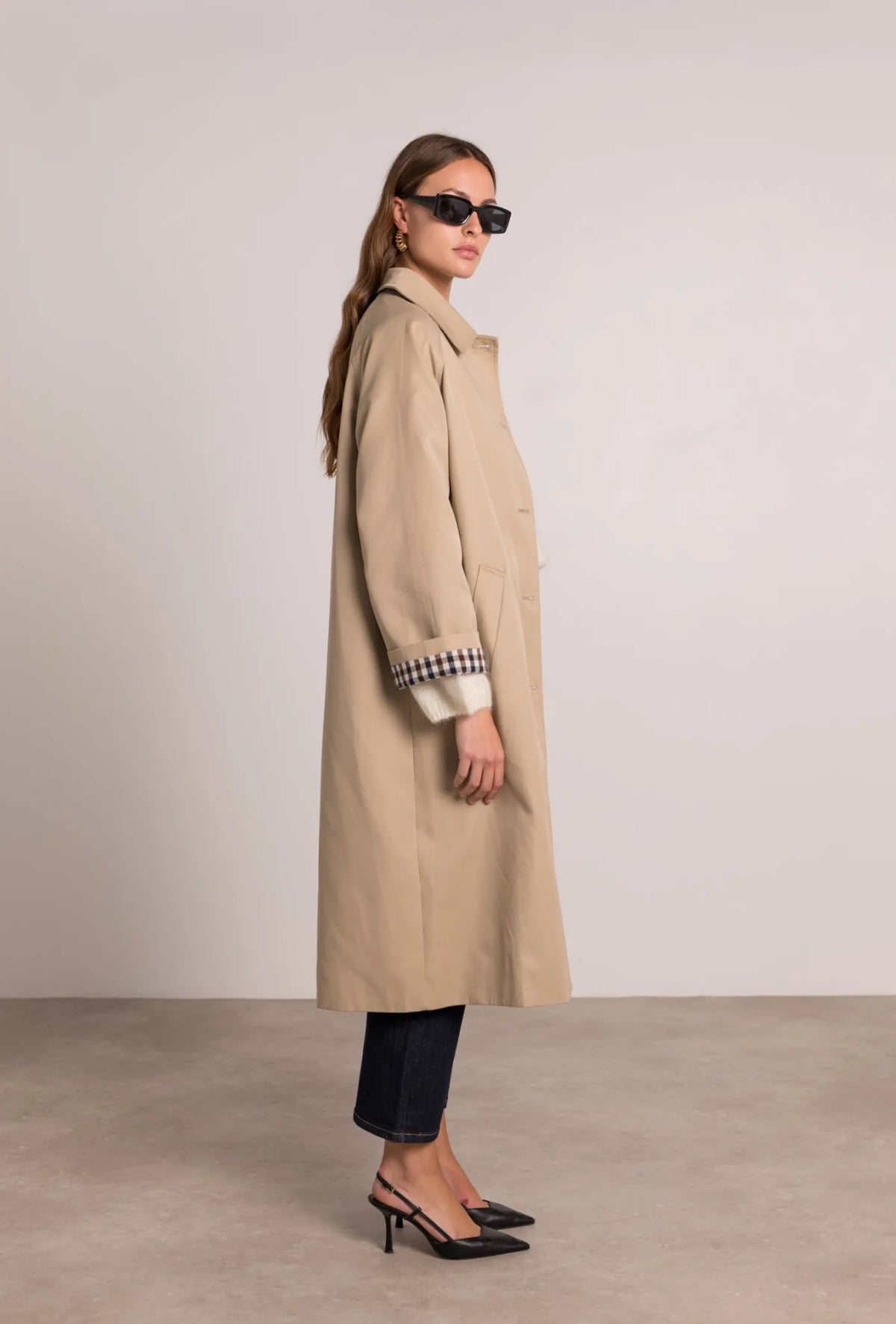 Veste Trench en coton, revers carreaux - YSEULT long Beige