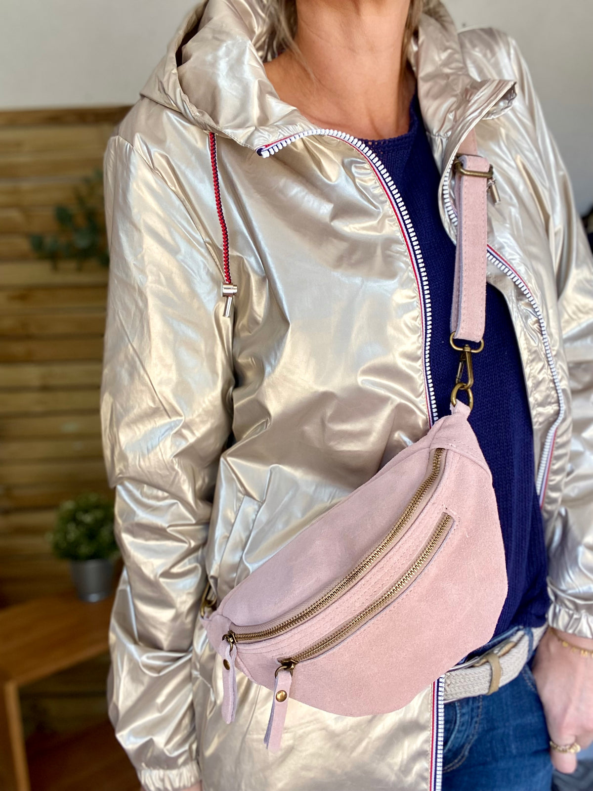 Sac banane double poche en cuir daim - OPALINE - Rose clair / Vieux rose