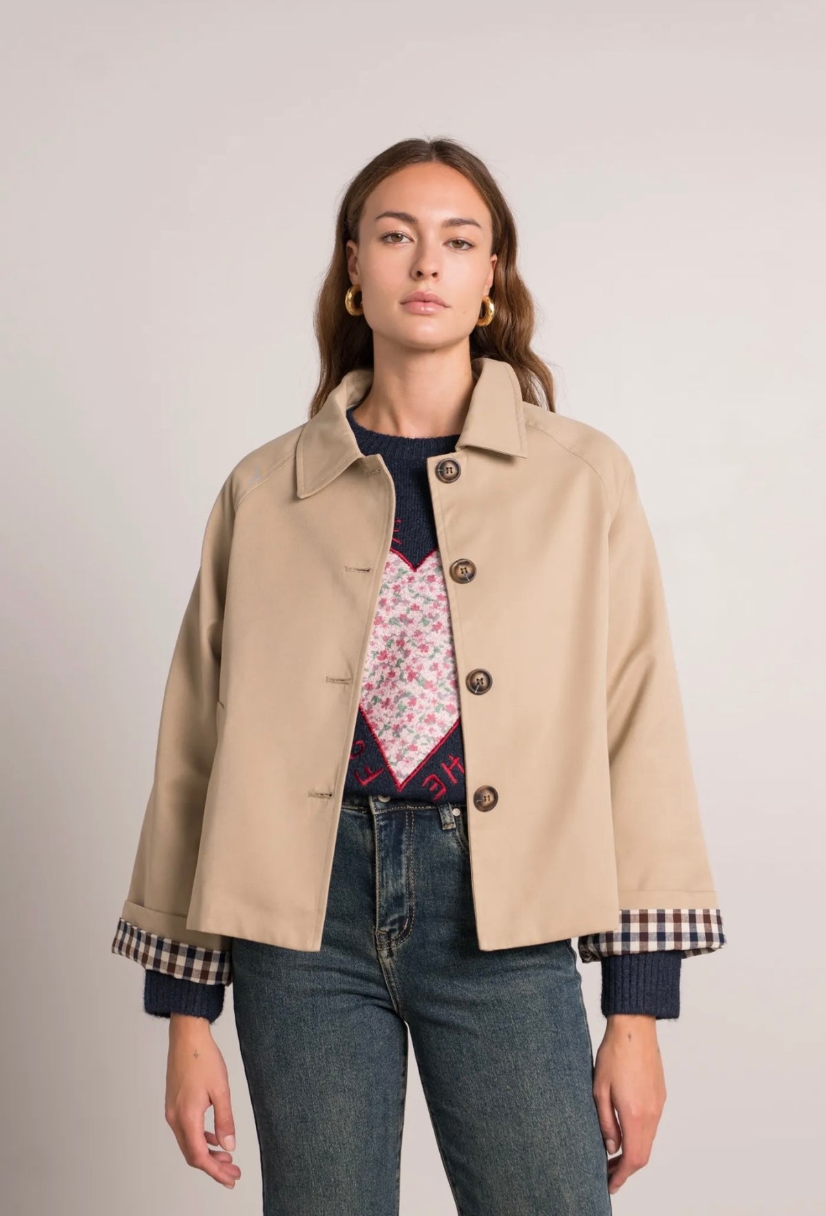 Veste Trench en coton, revers carreaux - YSEULT court Beige