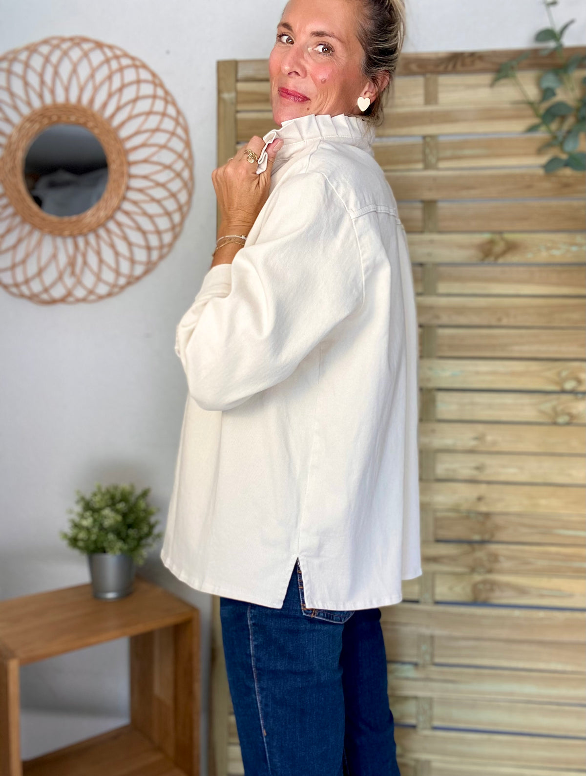 Veste / Chemise en coton, col victorien volanté Beige clair LISON