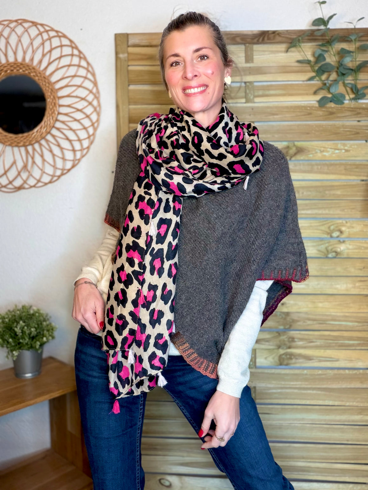 Foulard Léo CLEM - Beige / Fuschia 🐆
