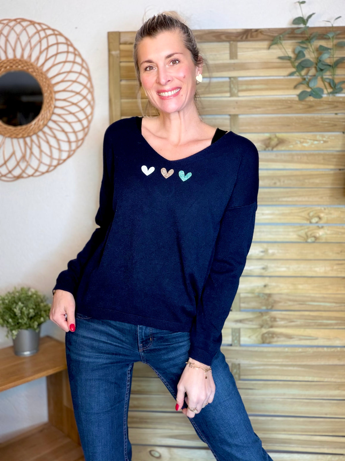 Pull fin 3 cœurs 💛 BERTILLE - Marine - FIN DE SÉRIE
