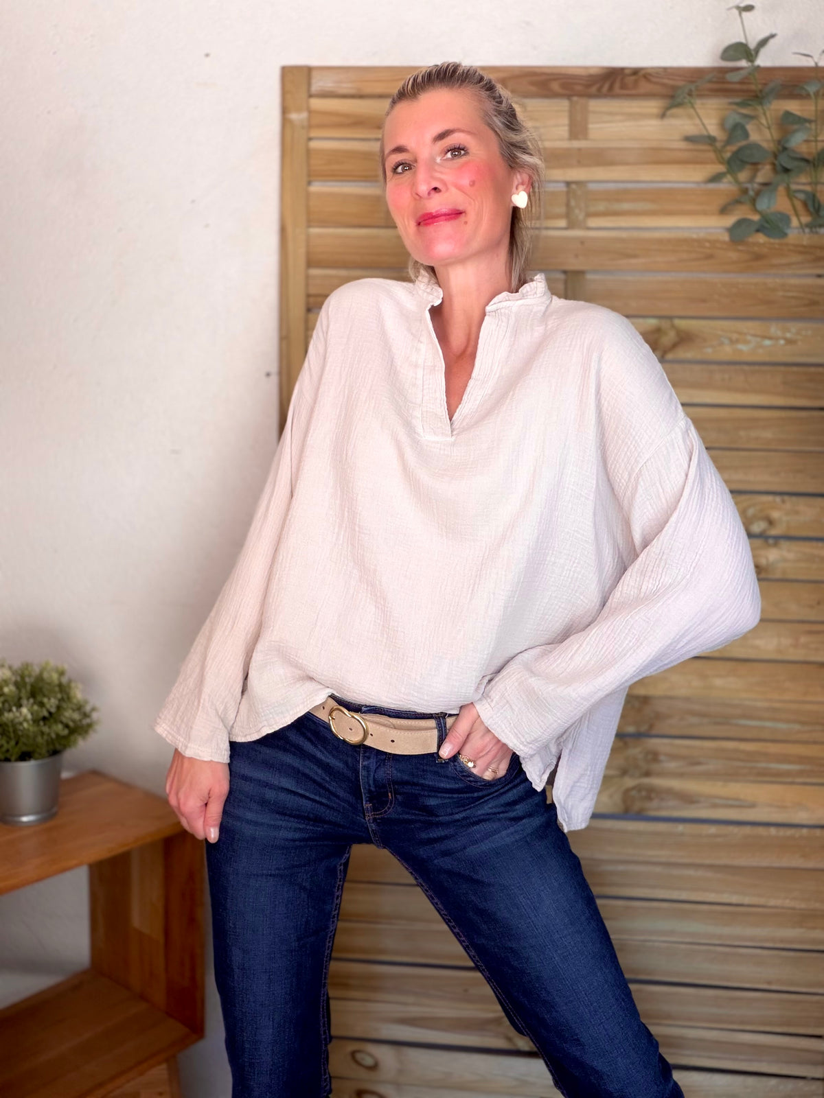 Blouse en gaze de coton SIERRA Beige • FIN DE SÉRIE