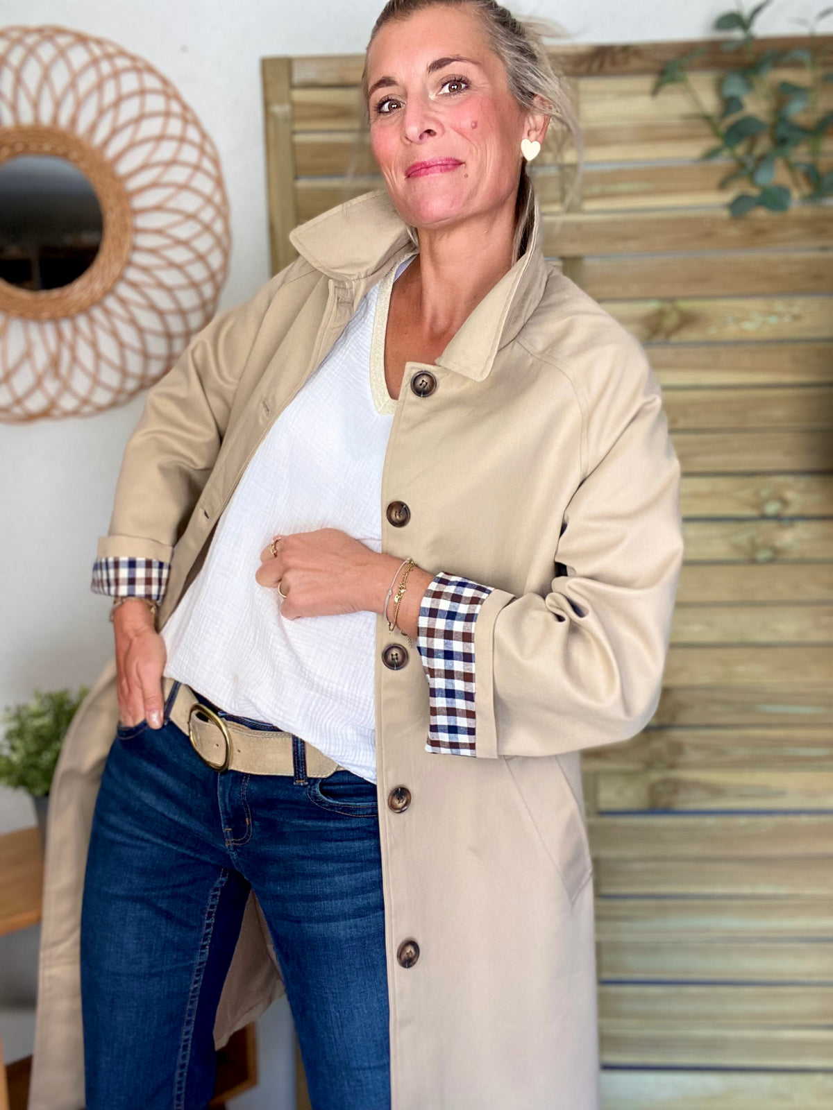Veste Trench en coton, revers carreaux - YSEULT long Beige