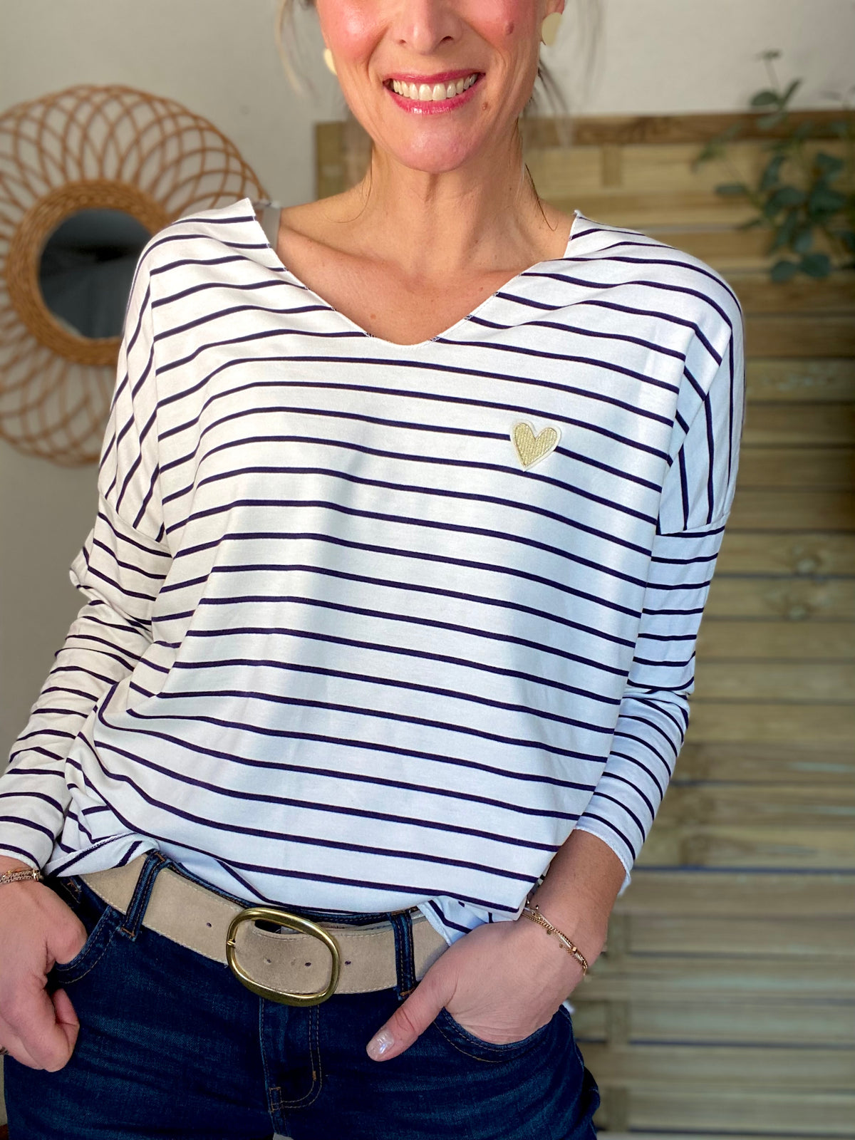 Pull fin rayé col V avec ou sans coeur doré 💛 NOLWENN - Bleu marine